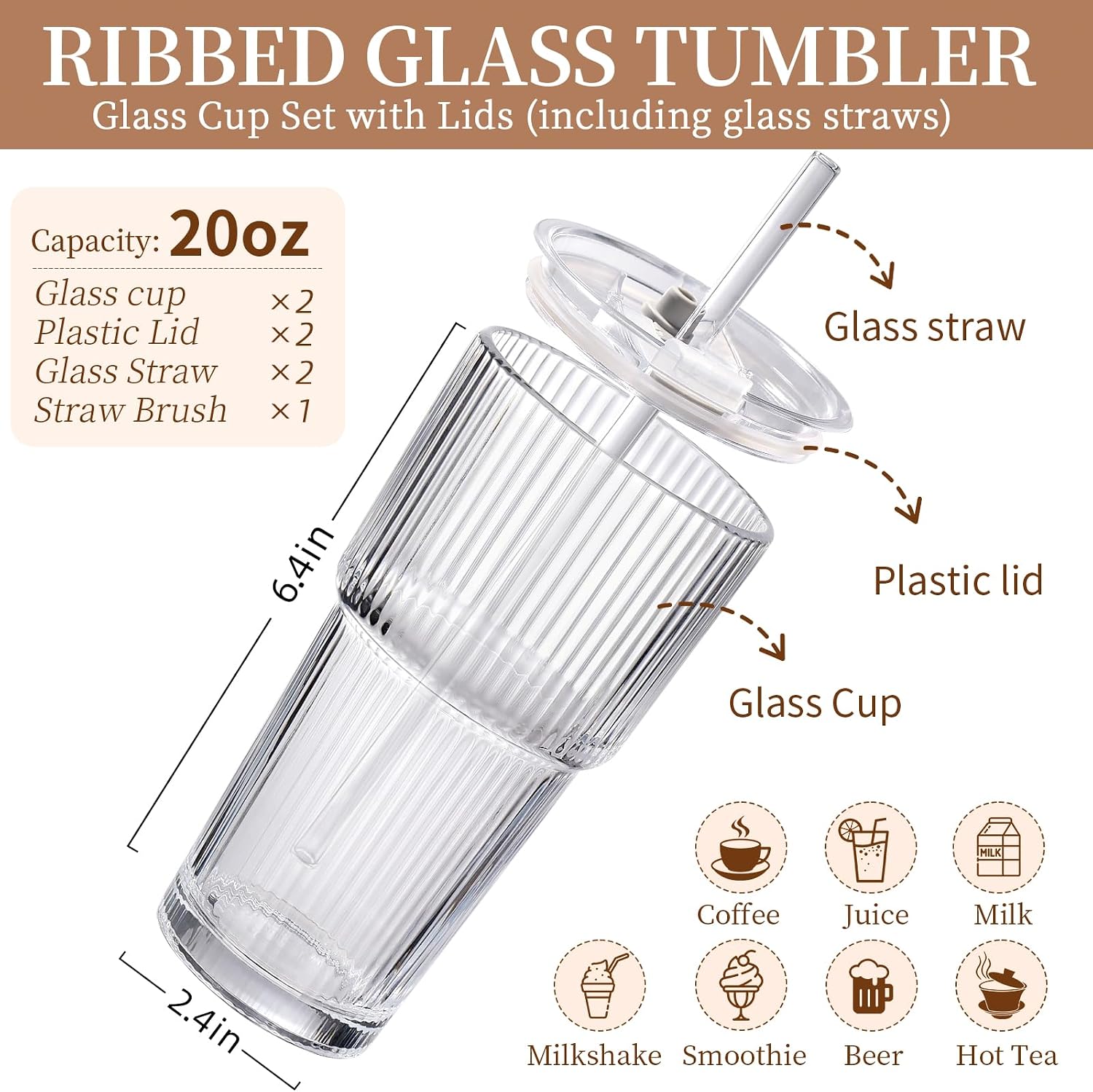 Detalle 2 de DWTS DANWEITESI S6-DDB-2G Ribbed Glass Iced Coffee Cups, 20 oz, 2-Pack