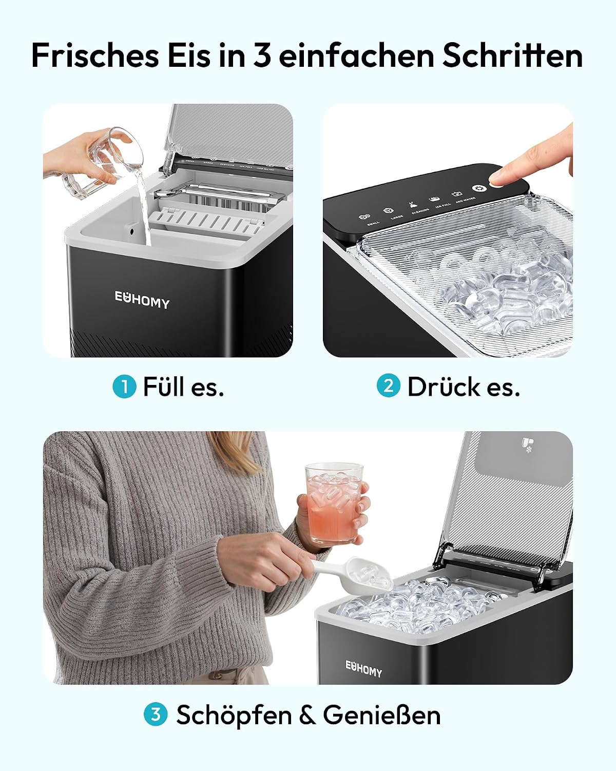 Detalle de EUHOMY Eiswürfelmaschine – kompaktes Design, zwei Eiswürfelgrößen, Ein-Knopf-Bedienung
