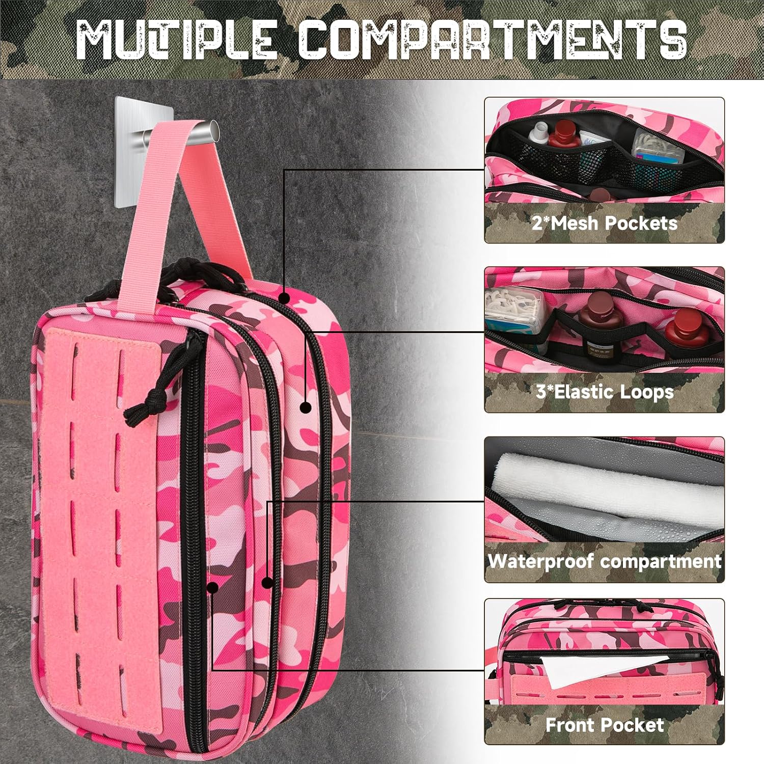 Detalle 2 de QT&QY Sac de toilette tactique pour homme (26 x 11 x 15 cm) avec poches MOLLE