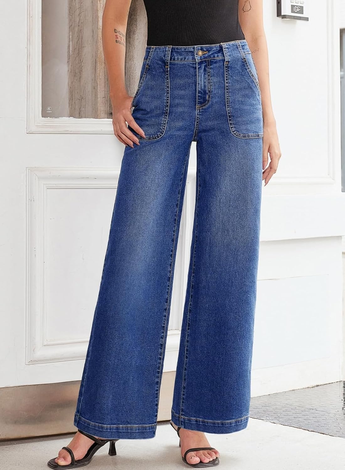 Detalle 2 de Sidefeel Women's Wide-Leg Jeans, High-Rise Stretch Denim with Front Pockets