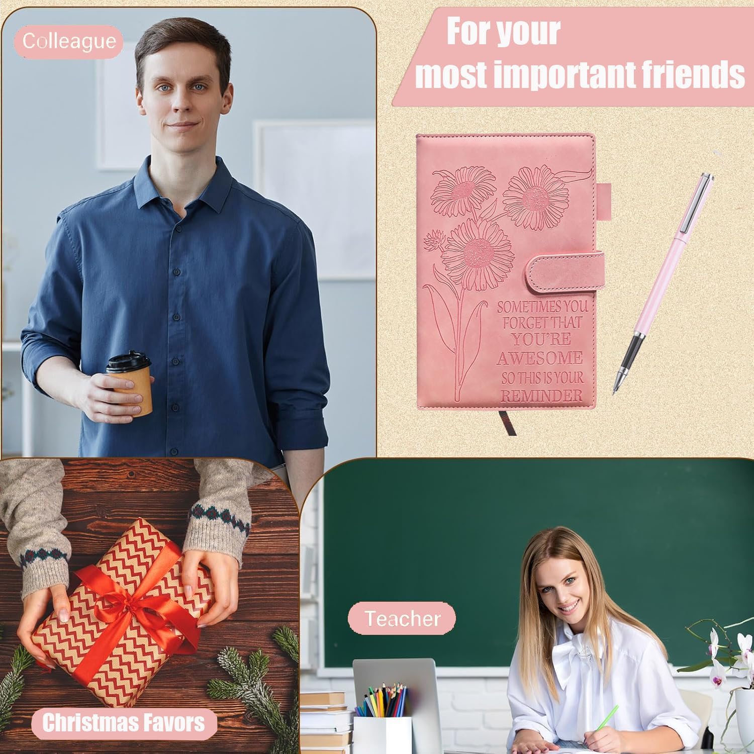 Detalle de QWFHOME Sunflower Pink PU Leather Journal, A5, 200 Pages with Closure and Pen Holder