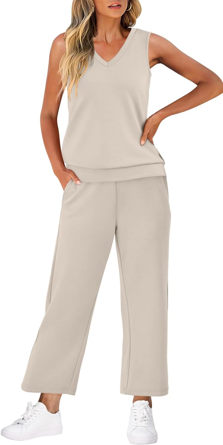 Detalle de WIHOLL Two Piece Set for Women: Summer Lounge Set with V-Neck Top and Wide-Leg Pants