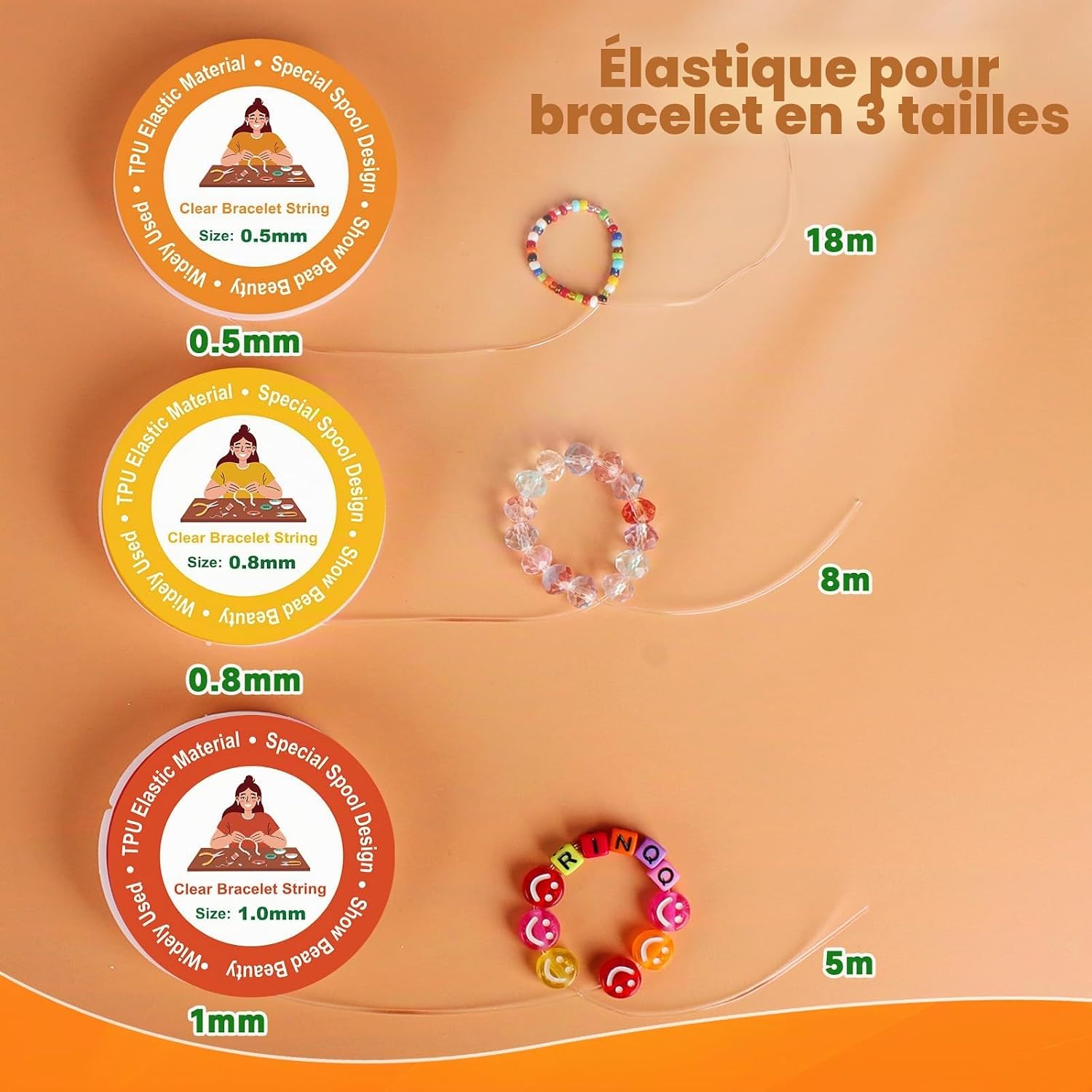 Detalle de Alyvisun lot de 6 fils élastiques pour bracelets en perles (0,5 mm, 0,8 mm, 1 mm) TPU transparent