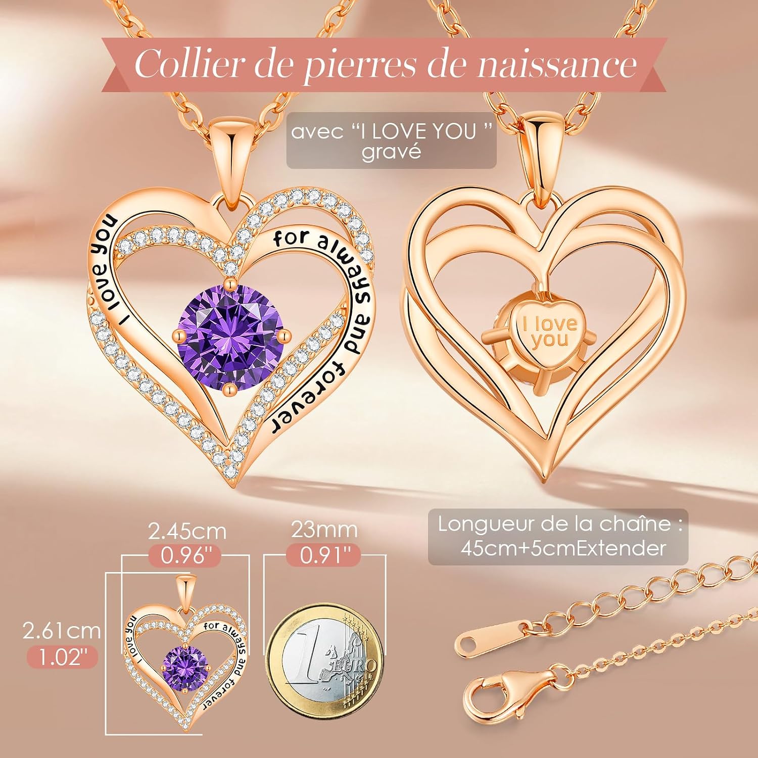 Thumbnail 2 de Collier CDE femme en forme de cœur avec pierre de naissance et pendentif cœur double