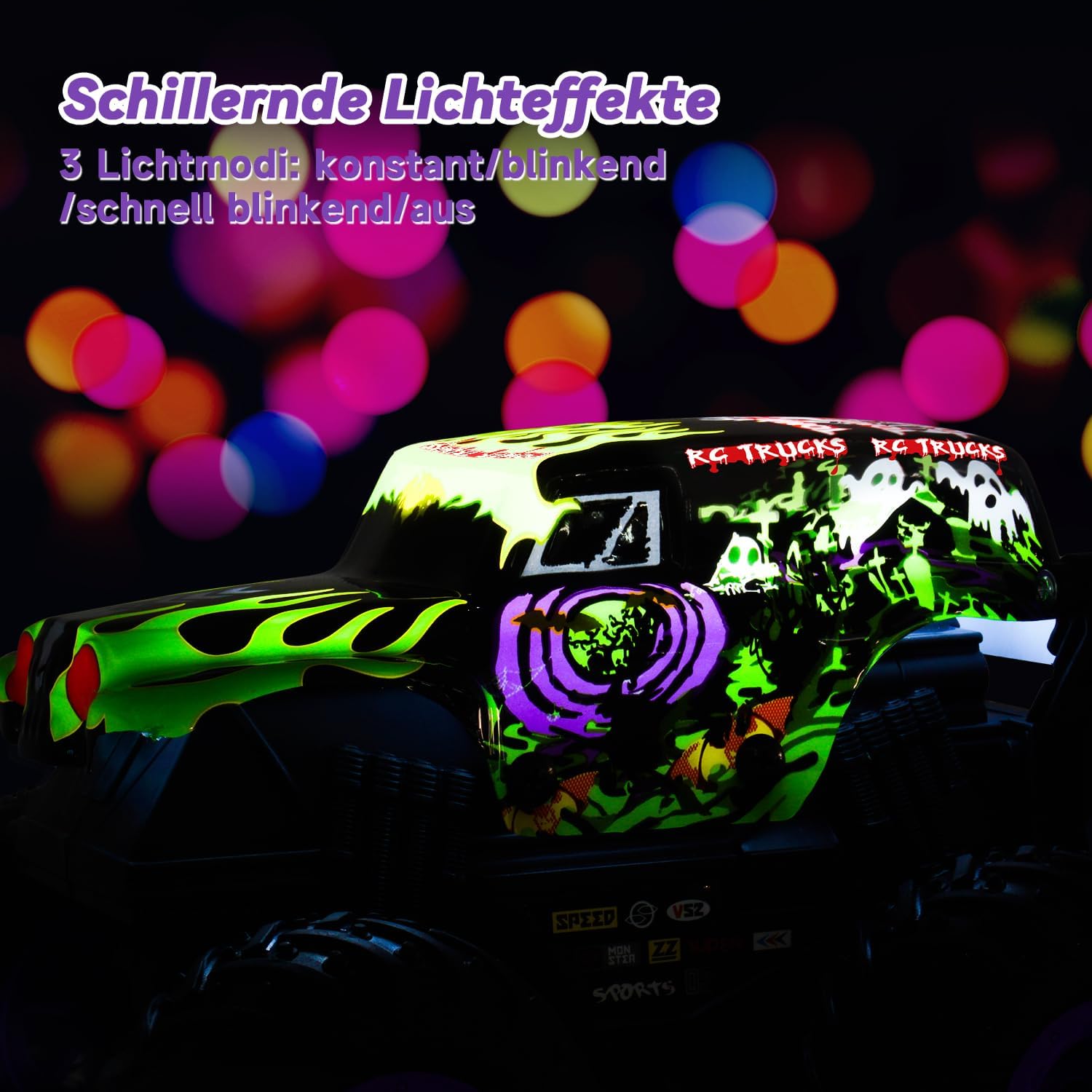 Detalle de Ferngesteuerter Monstertruck 20 km/h mit Licht & Musik (2,4 GHz, 360°-Drehung) – 1/20 RC Monstertruck