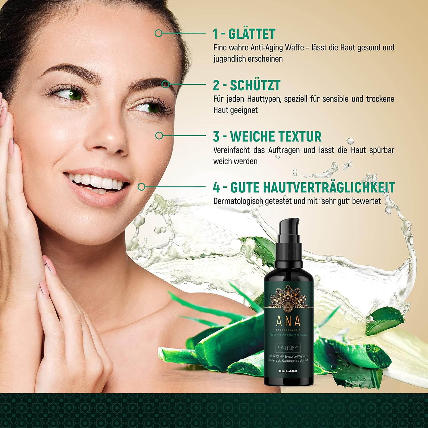 Detalle de ANA Naturkosmetik Bio Retinol Serum (hochdosiert) mit Hanfsamenöl, 100 ml – vegan & Made in Germany
