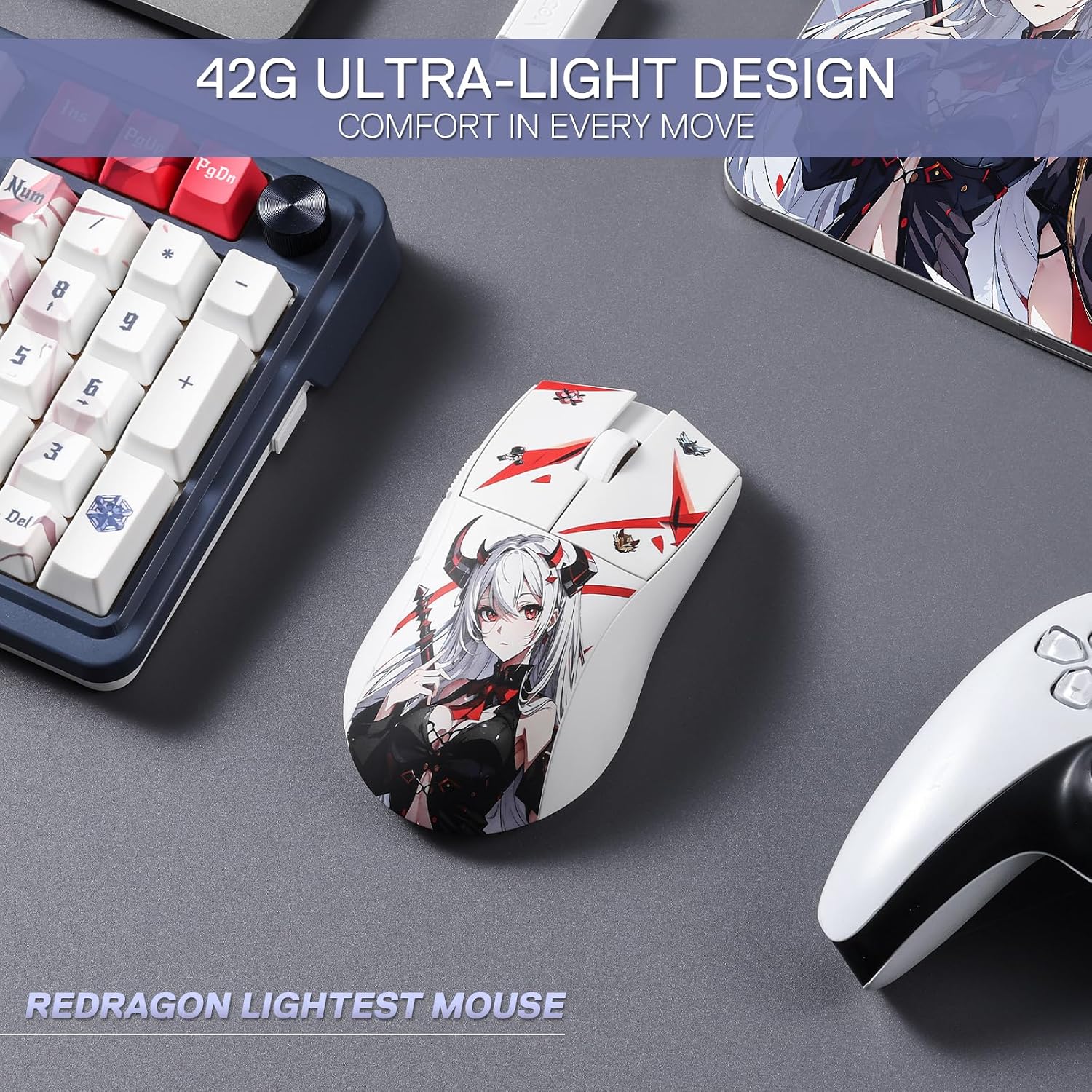 Detalle de Redragon M916AK PRO 3-Mode Anime gaming mouse with ergonomic natural grip