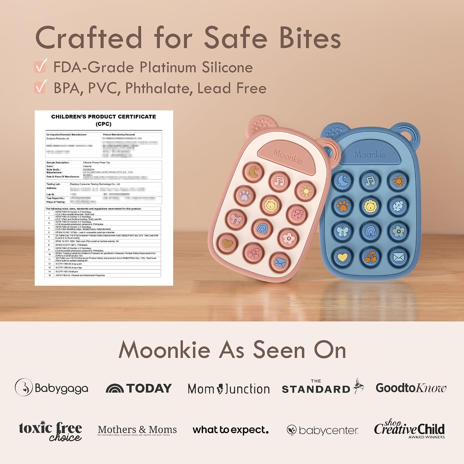 Detalle 2 de Moonkie Silicone Phone Press Teether (Blush) — BPA-free teething toy for 3 months+