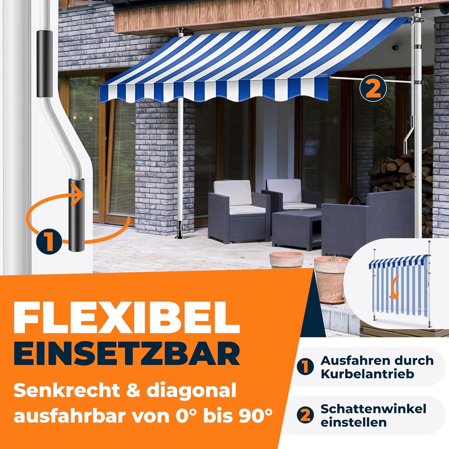 Detalle de KESSER® Klemmmarkise mit Handkurbel für Balkon – 250 cm Breite