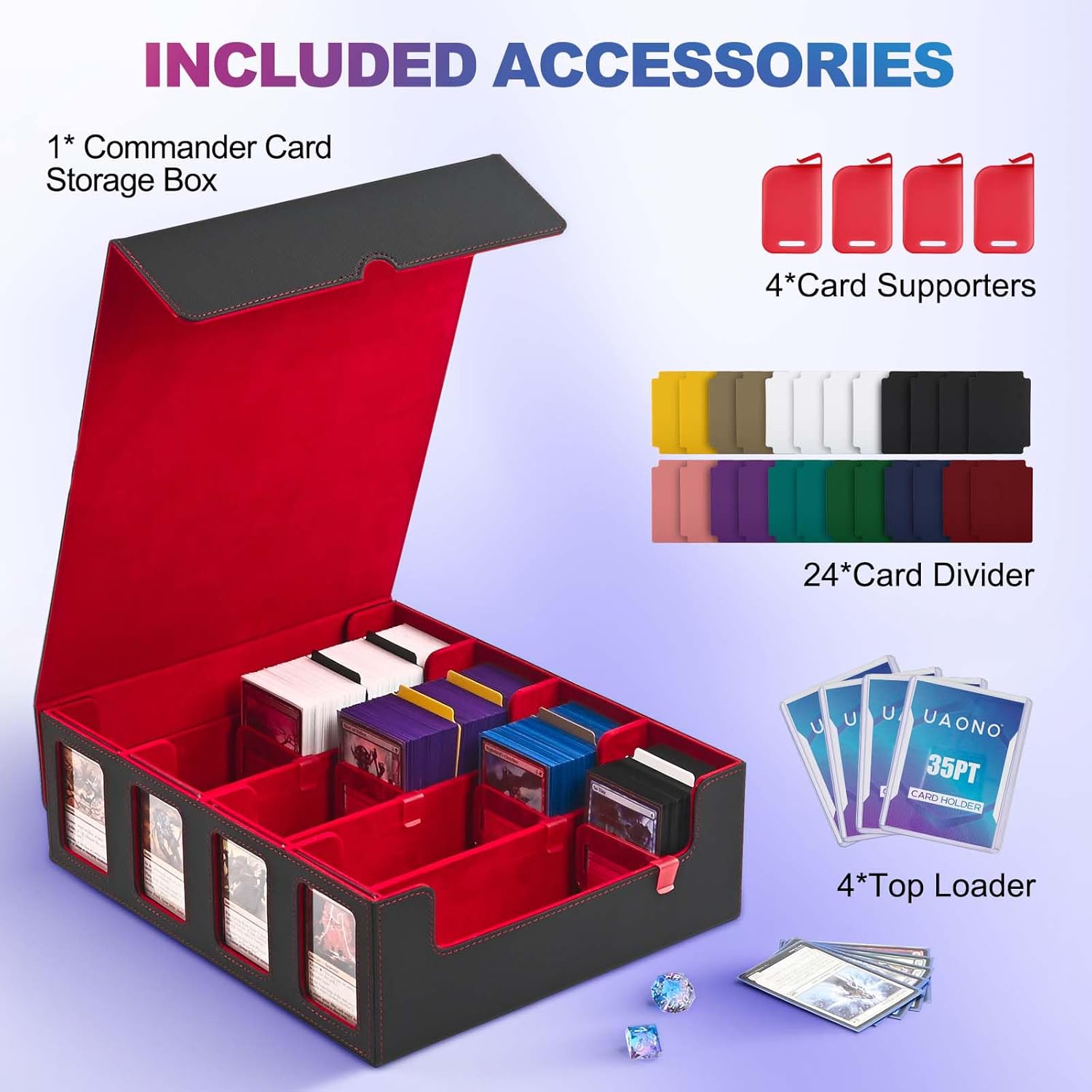 Thumbnail 2 de UAONO Trading Card Storage Box for Commander Display (Black & Red) – 2400+ MTG Deck Box with 4 Top Loader