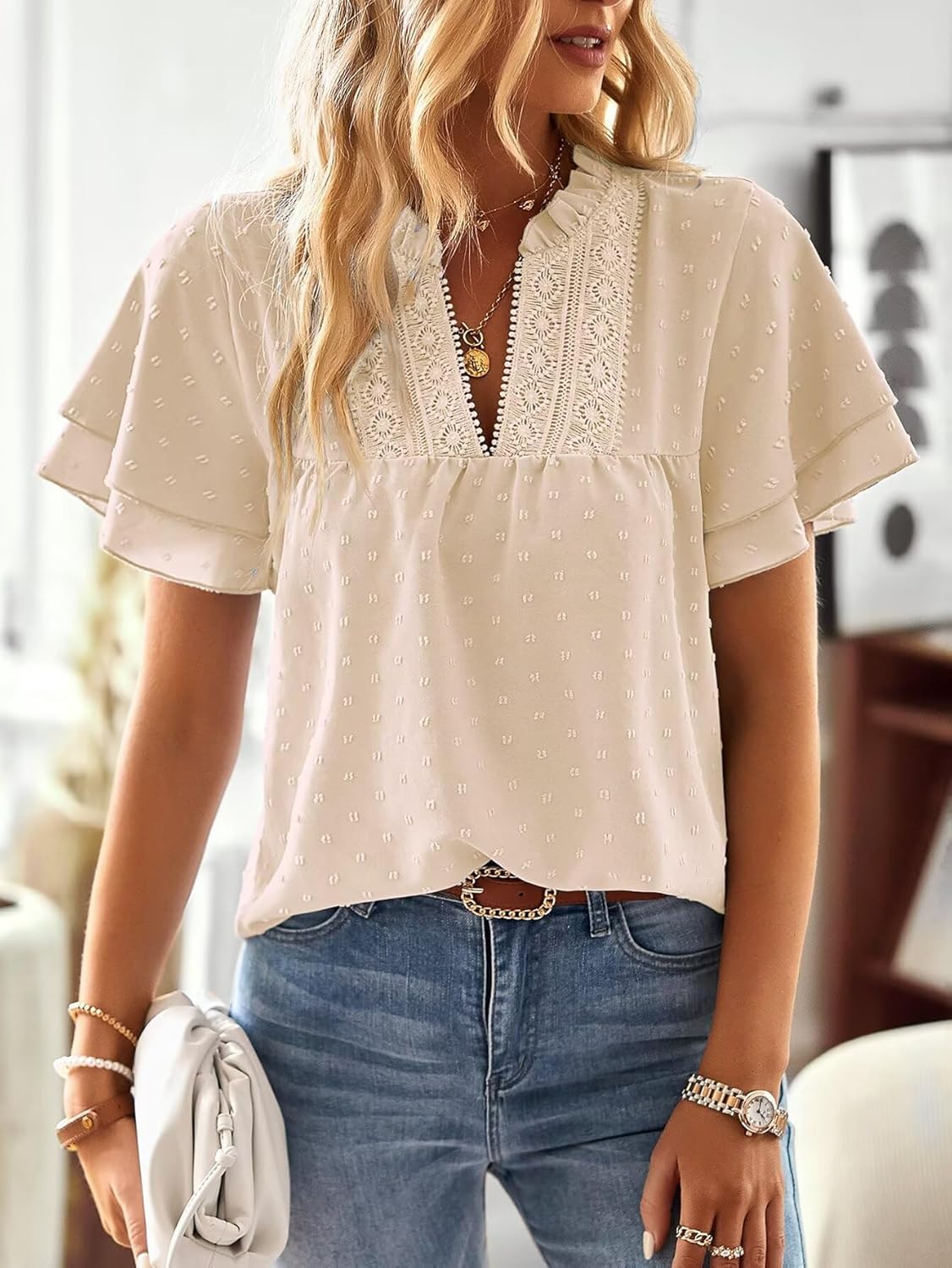 Thumbnail 3 de Falechay Women's Butterfly Sleeve V-Neck Blouse