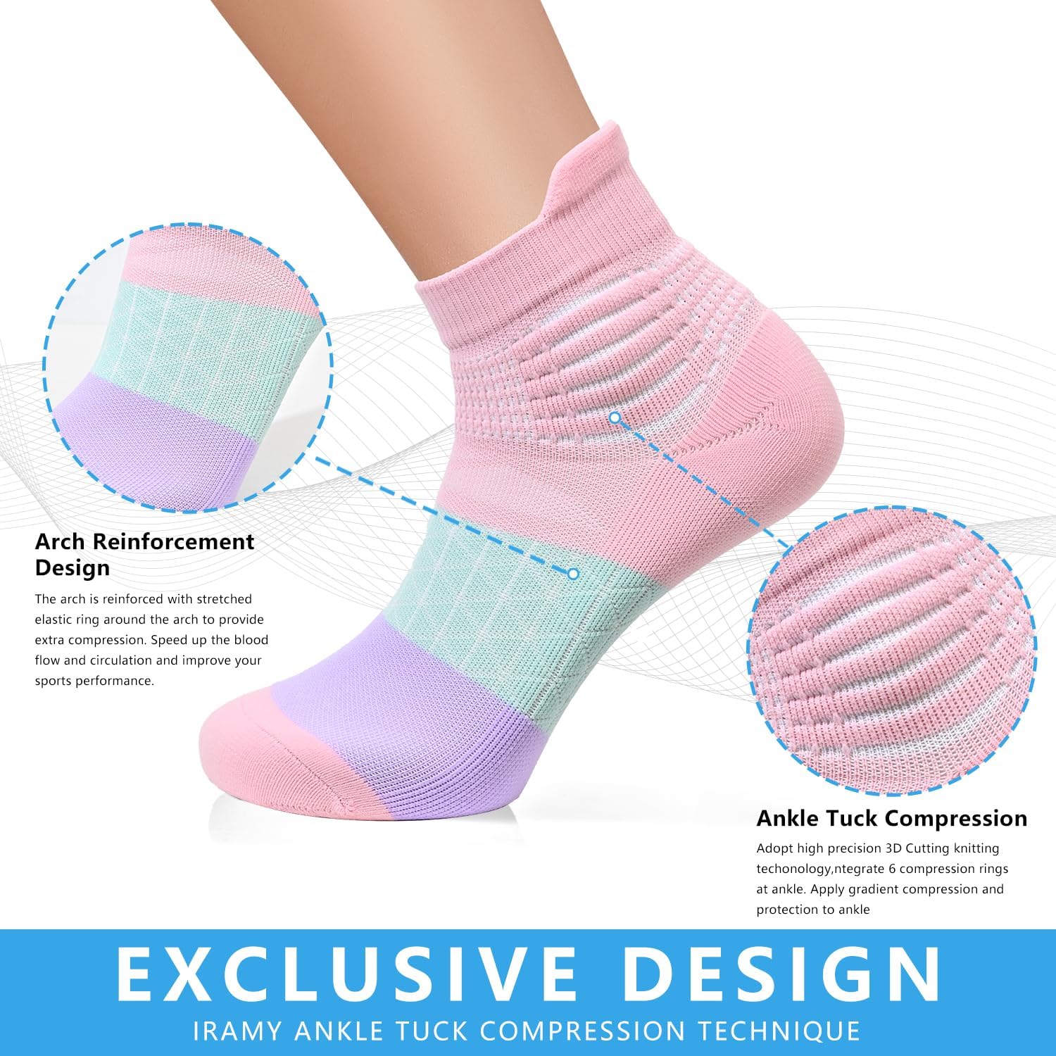 Detalle de IRAMY Compression Ankle Support Socks for Women – 3 Pairs for Running, Arch Support and Plantar Fasciitis Relief