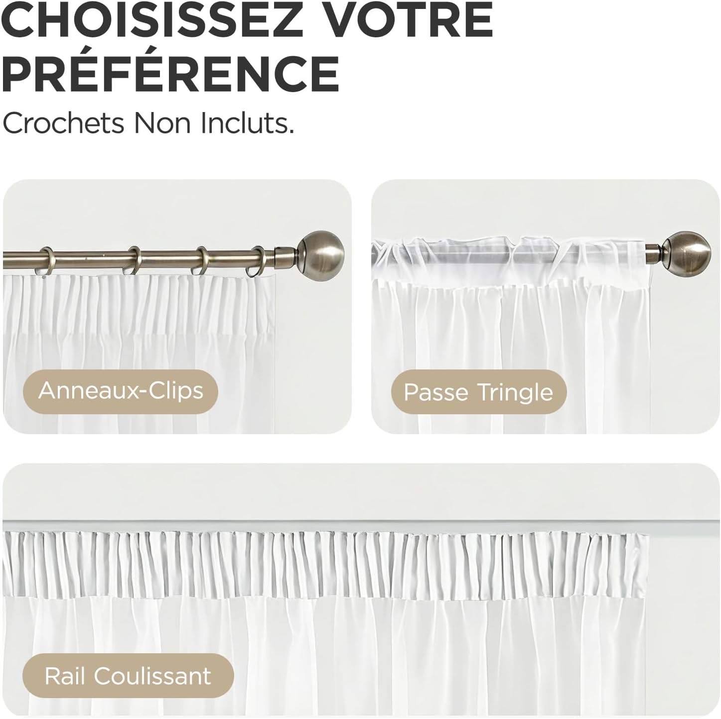 Detalle de Joydeco Lot de 2 Rideaux Voilages Blanc 140x160cm avec Galon Fronceur – NB: Crochets non inclus