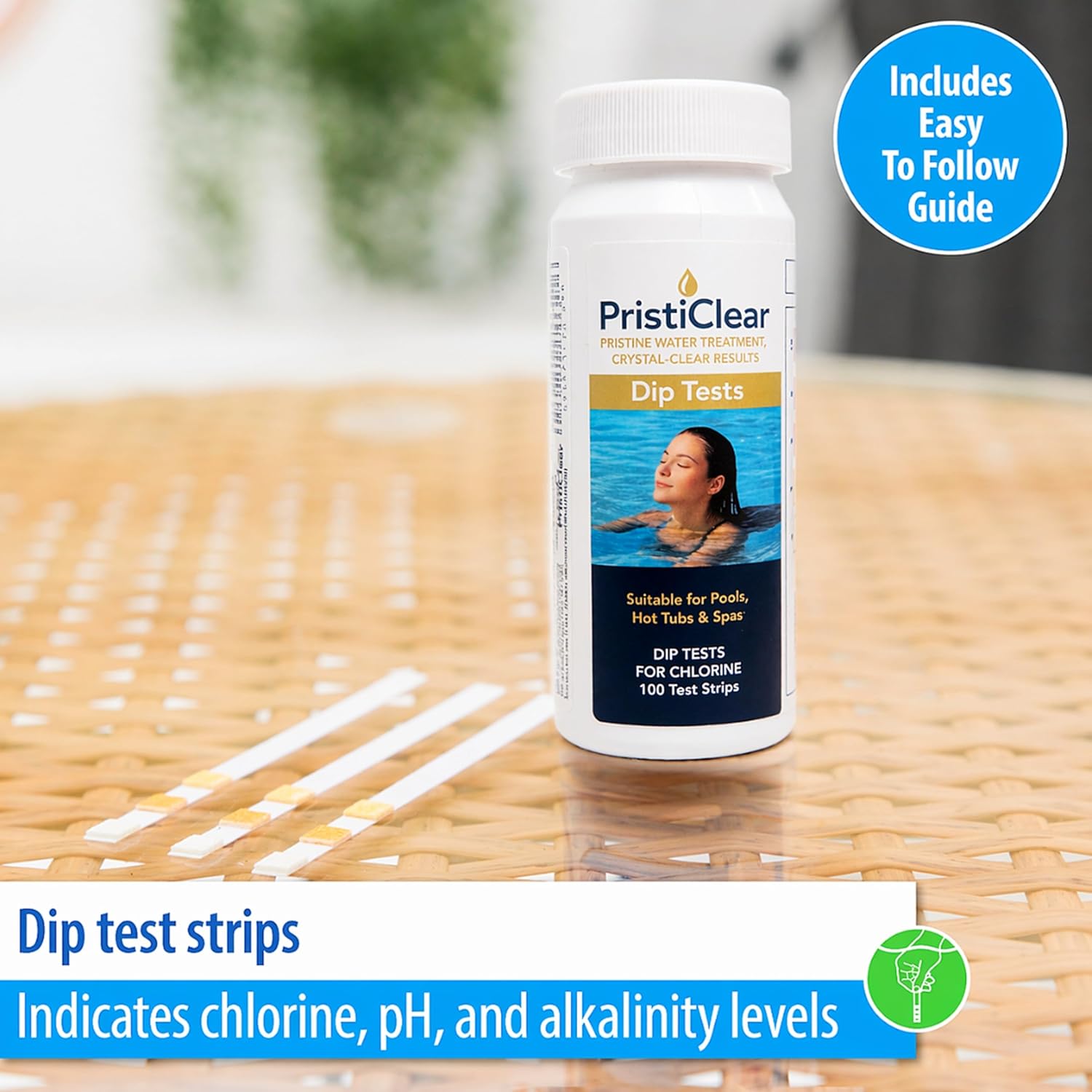Detalle de PristiClear Chlorine Pool Test Strips — 100 Tests for Chlorine, pH & Alkalinity