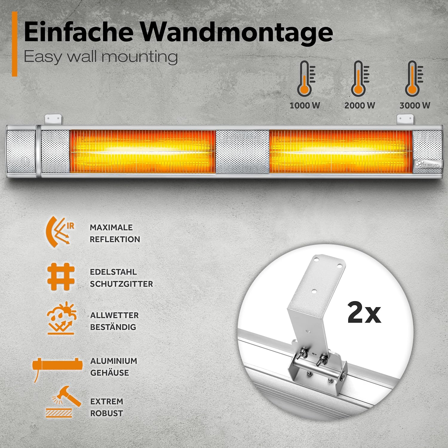 Thumbnail 3 de TRESKO Infrarot Heizstrahler 3000 W mit Fernbedienung – Terrassen- und Wand-Wärmestrahler für 3 Heizstufen