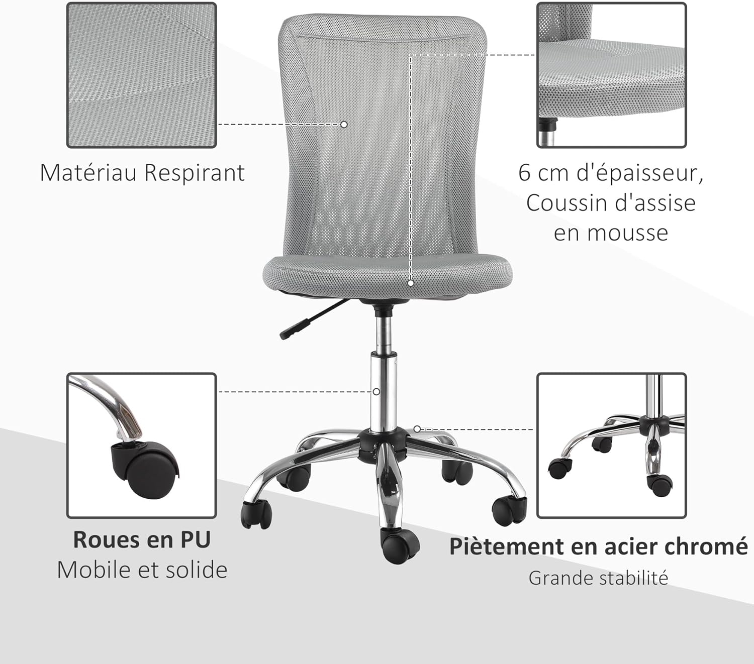 Thumbnail 3 de Vinsetto Chaise de Bureau Ergonomique, Fauteuil à Hauteur Réglable et Piètement Chromé – Maille Gris