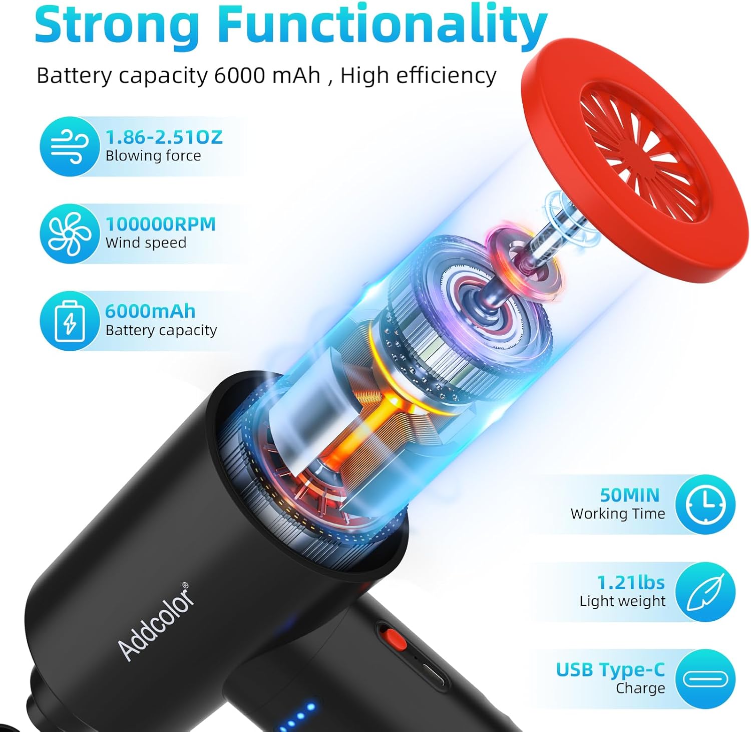 Thumbnail 1 de ADDCOLOR AD-38 Air Duster ricaricabile 6000 mAh con 3 velocità e LED