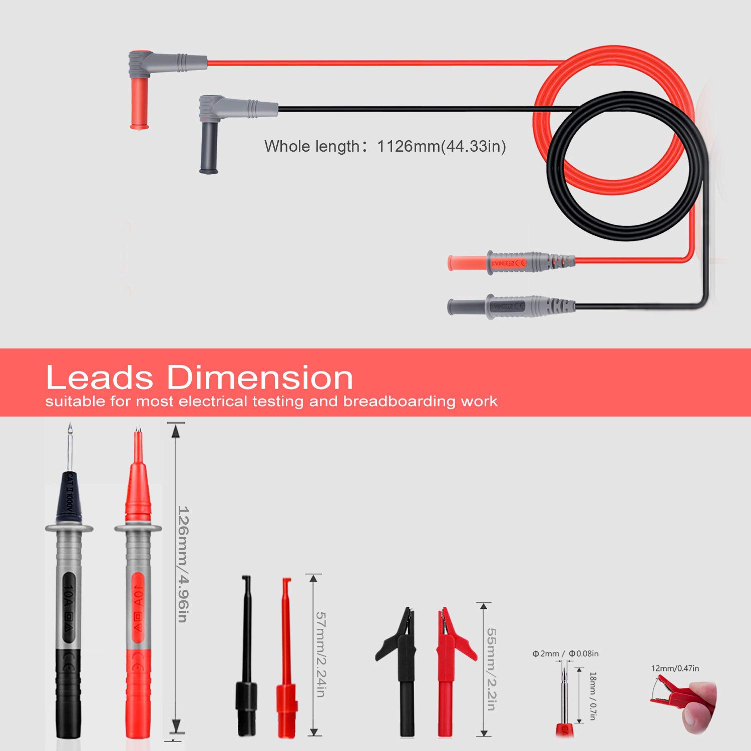 Detalle de KAIWEETS KET01 Multimeter Test Leads Kit (8 pieces) with alligator clips, needle probes and mini-hooks