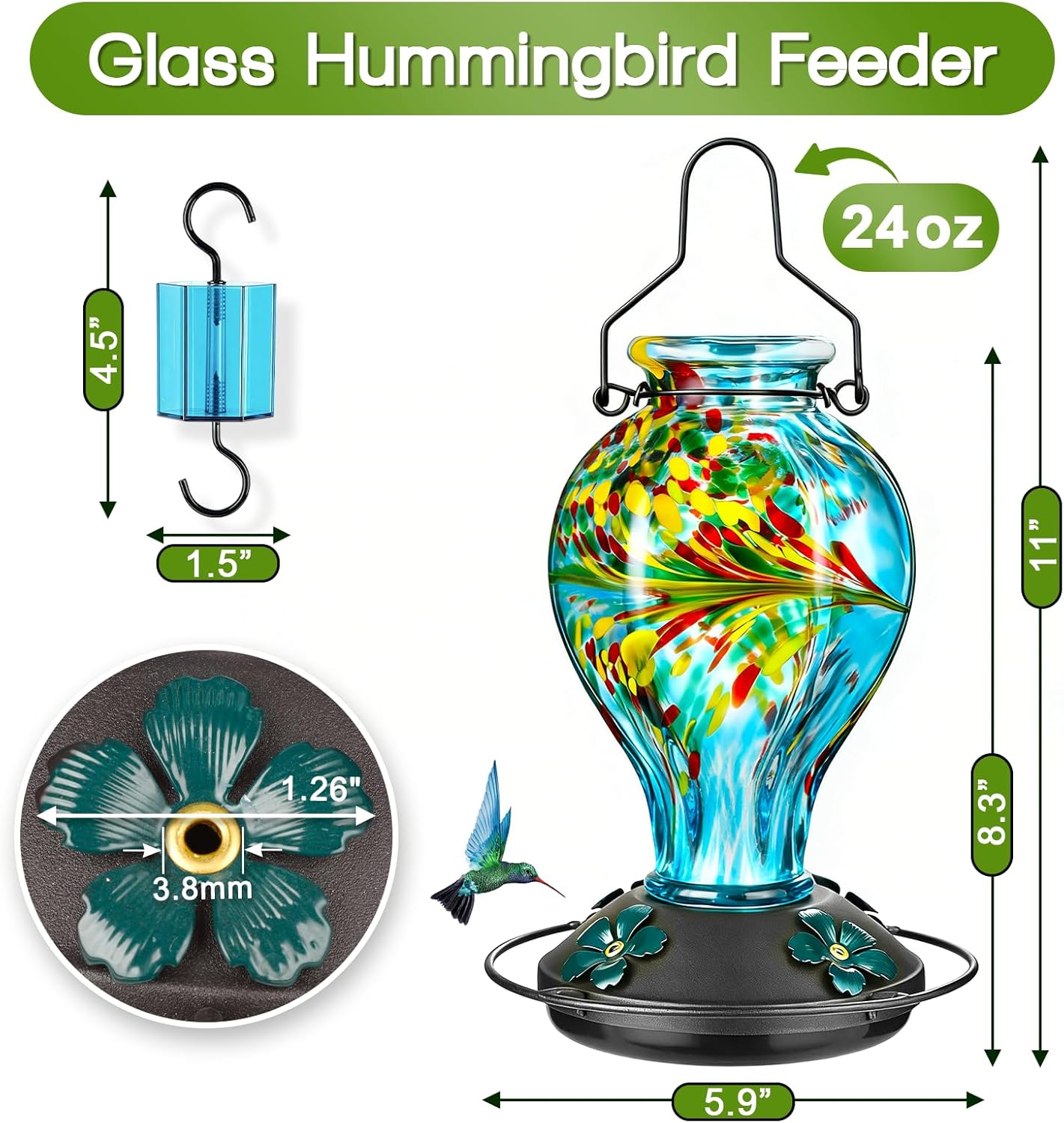Thumbnail 1 de Tegarbed Hand Blown Glass Hummingbird Feeder, 24oz Blue Phoenix