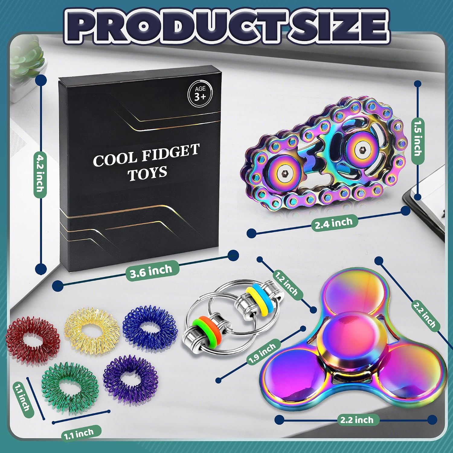 Thumbnail 1 de Chilvil 8-Piece Metal Fidget Toy Set with Sensory Rings and Spinners