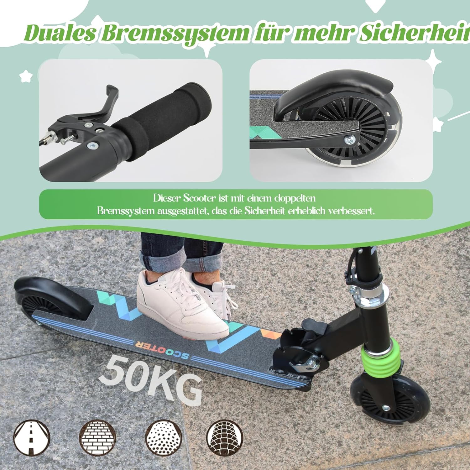 Detalle de TENBOOM Roller für Kinder ab 3 Jahren mit 2 Rädern, klappbar, 3-fach höhenverstellbar und LED-Rädern