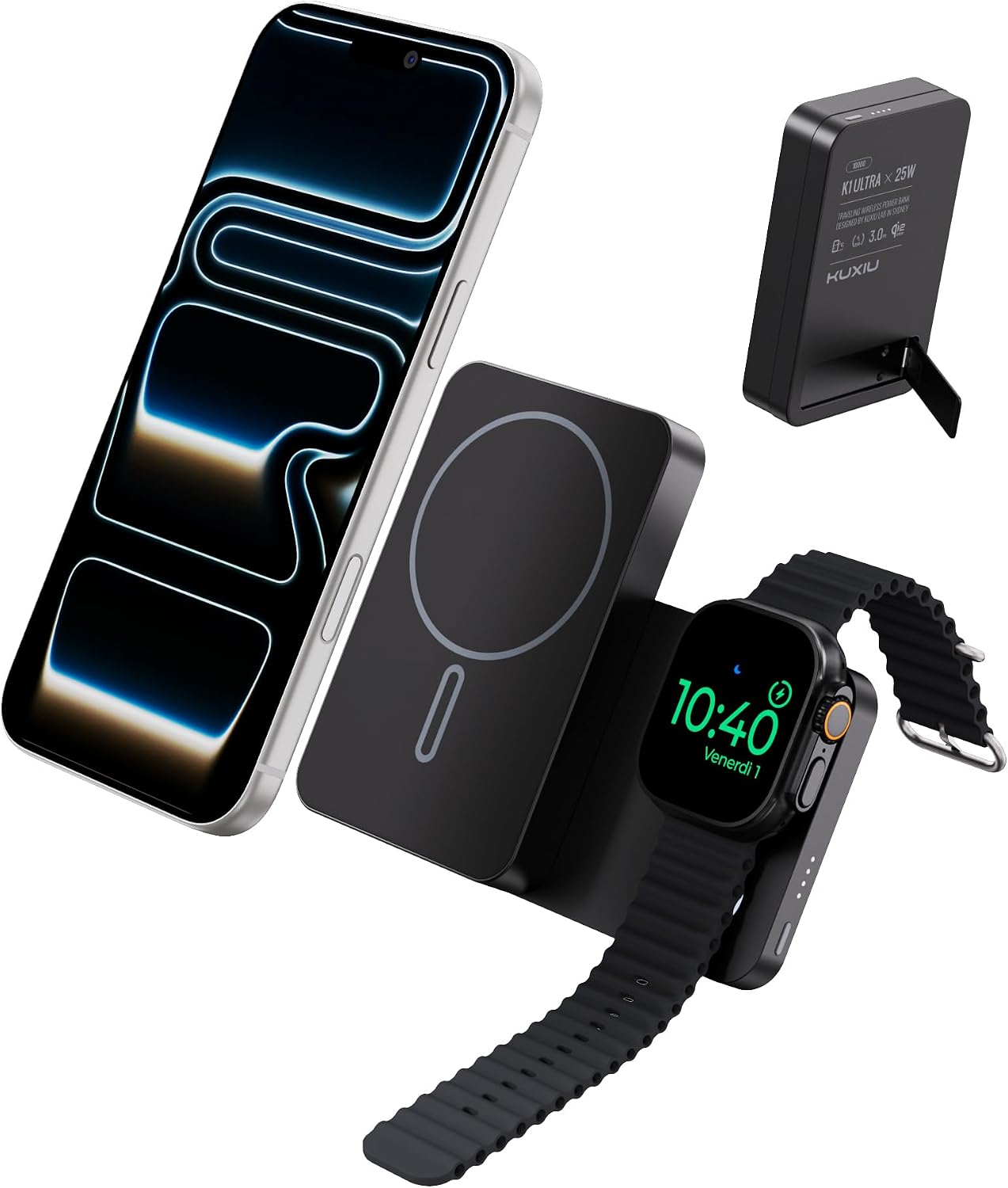 Detalle de KU XIU K1ULTRA Qi2.2 25W Power Bank 3-in-1: ricarica MagSafe, USB-C 30W e supporto pieghevole per iPhone 17/16, Watch e AirPods