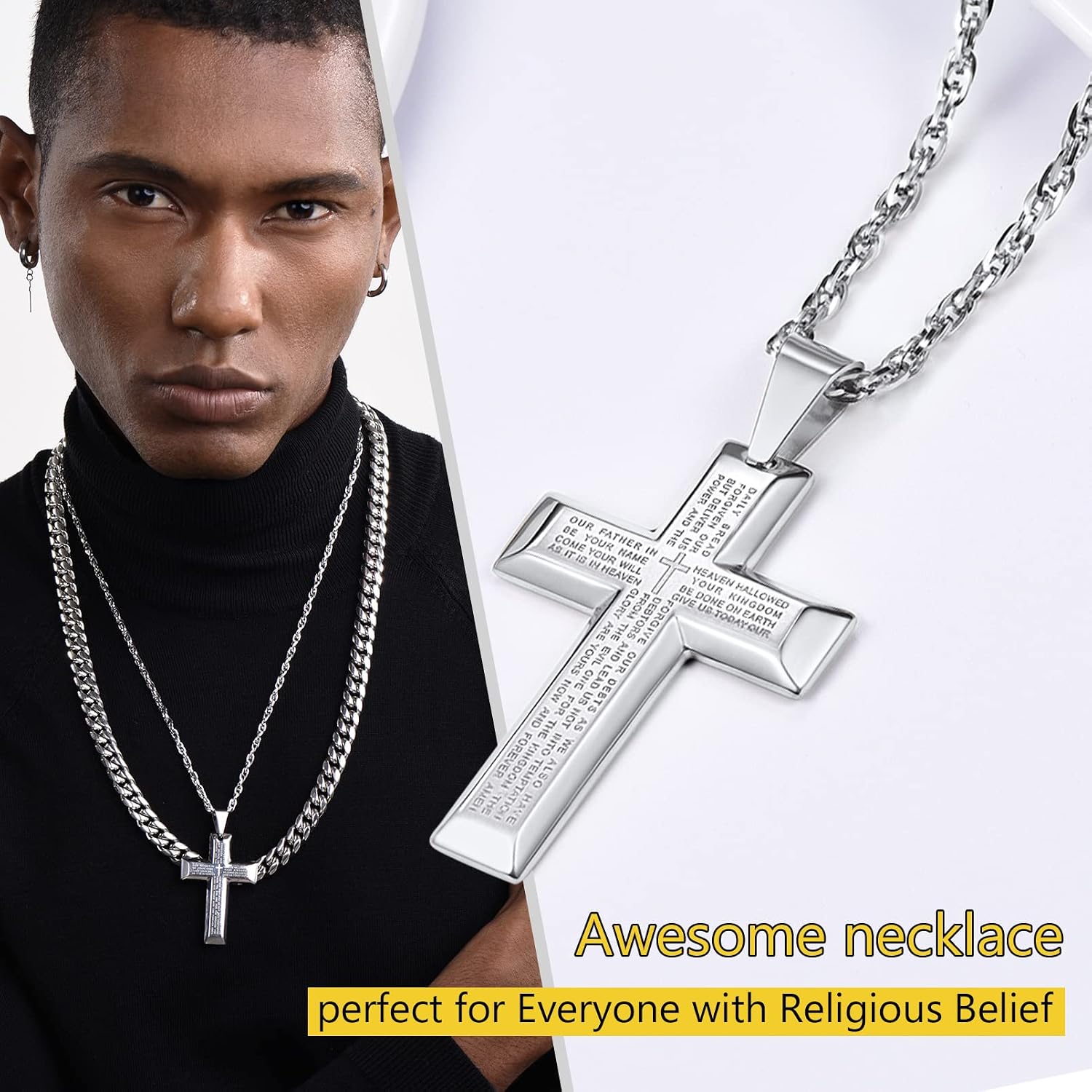 Detalle 2 de PROSTEEL collana da uomo con crocifisso grande, verso Bibbia e catenina regolabile
