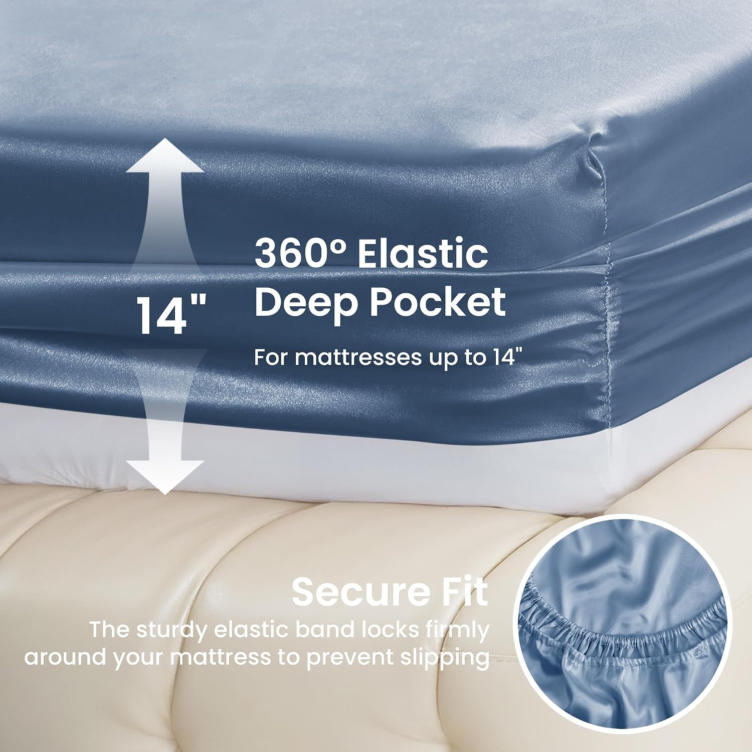 Detalle 2 de Love's cabin Queen Satin Sheet Set, Ash Blue, 15-Inch Deep Pocket