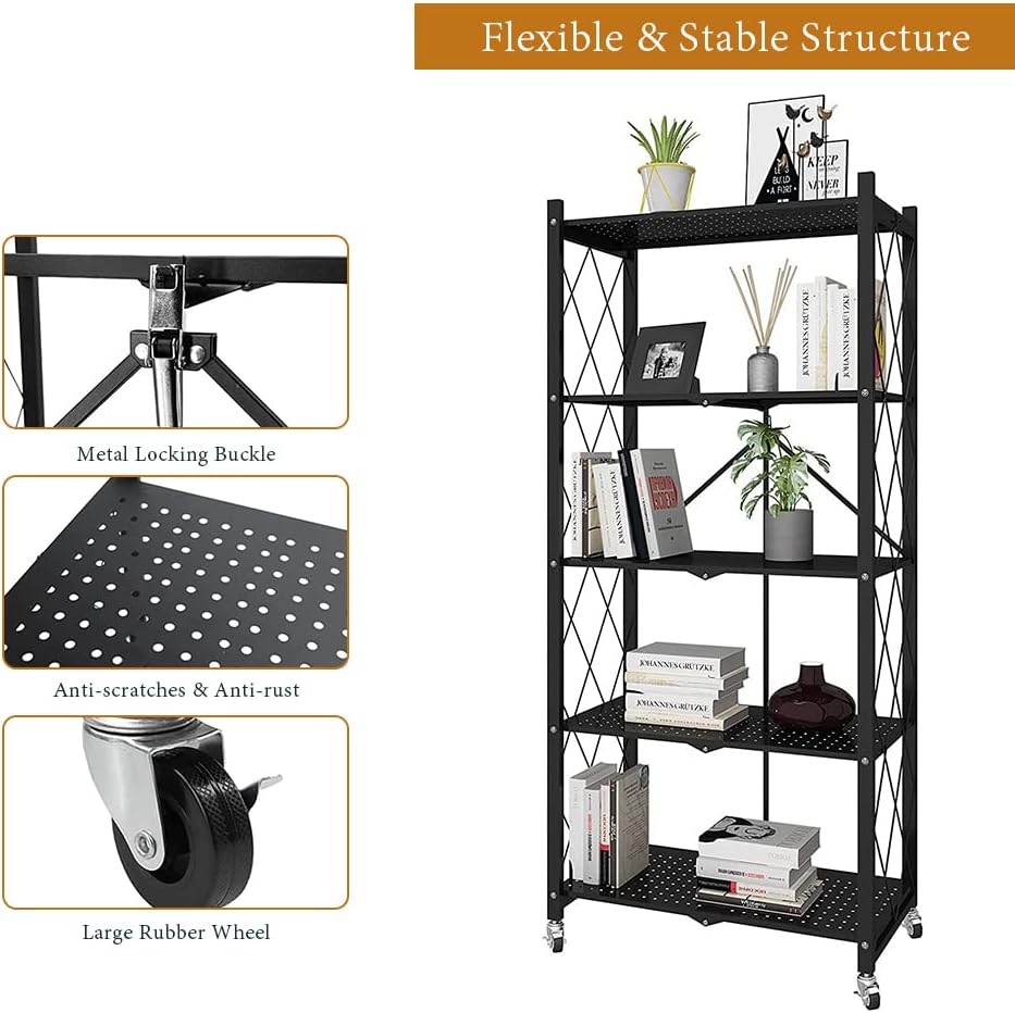 Detalle de STOMDE SR5T001 5-Tier Folding Metal Storage Shelf with Wheels