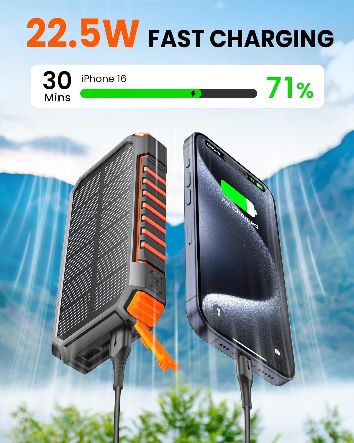 Thumbnail 2 de Riapow Solar Power Bank 20000mAh: 22.5W Wireless Solar Charger with Built-in Cables