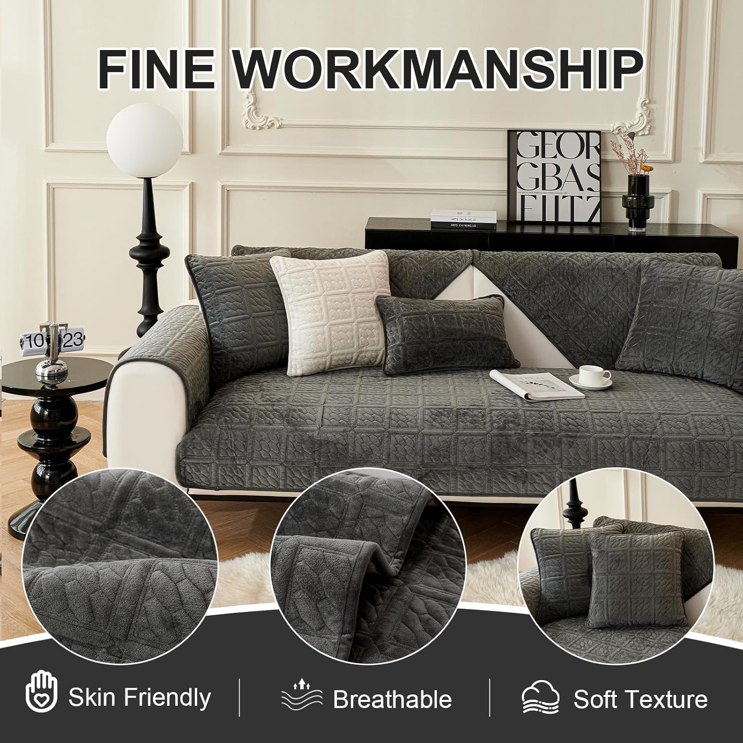 Detalle 2 de Upgrade Milchsamt Sofa-Überzug SHANNA für L-Sofa (Ecksofa) – Dunkelgrau, 70×90 cm