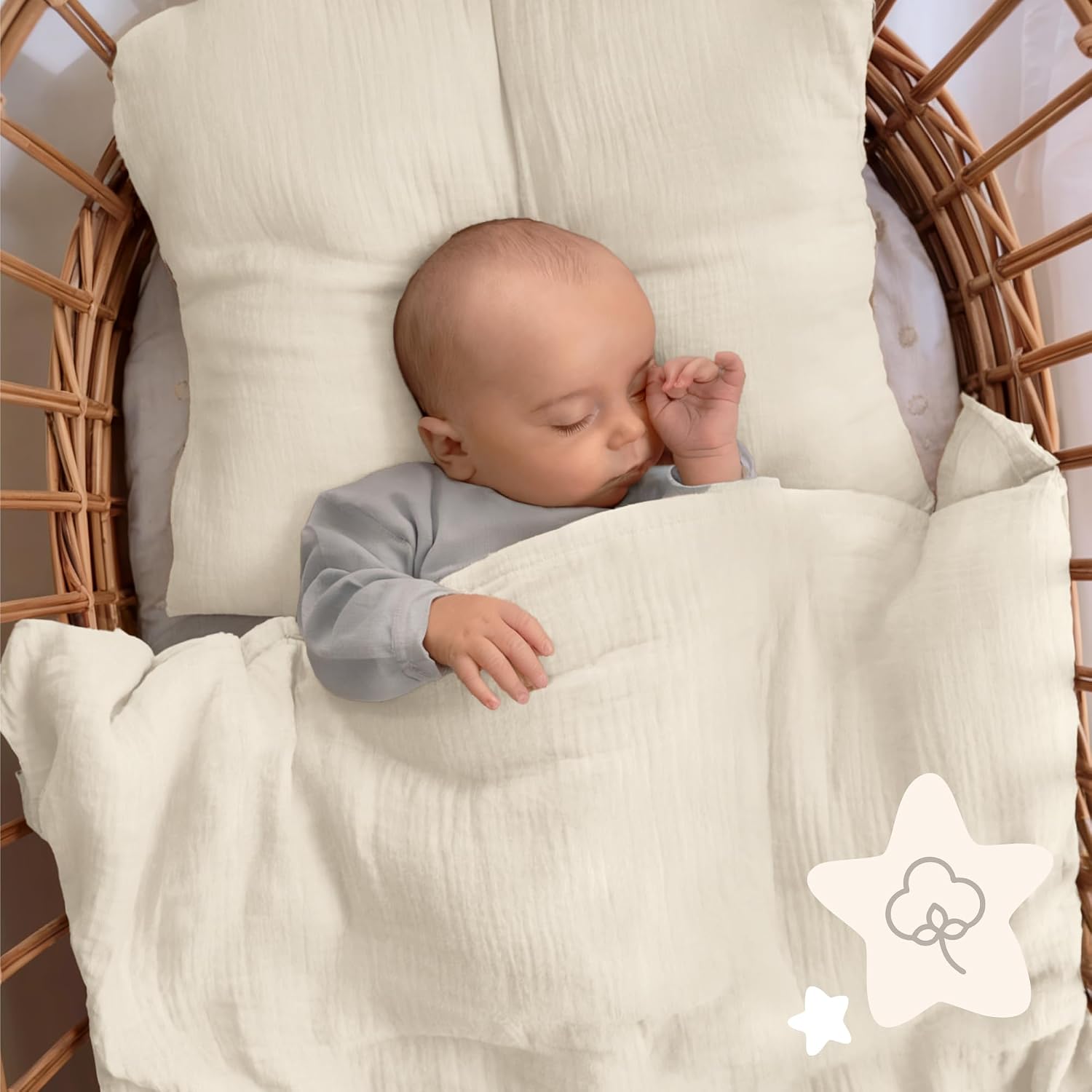 Detalle 2 de Dreamzie Baby Bettwäsche 80x80 cm + Kissenbezug 35x40 cm – Musselin aus 100% Baumwolle, OEKO-TEX, atmungsaktiv & weich, Creme