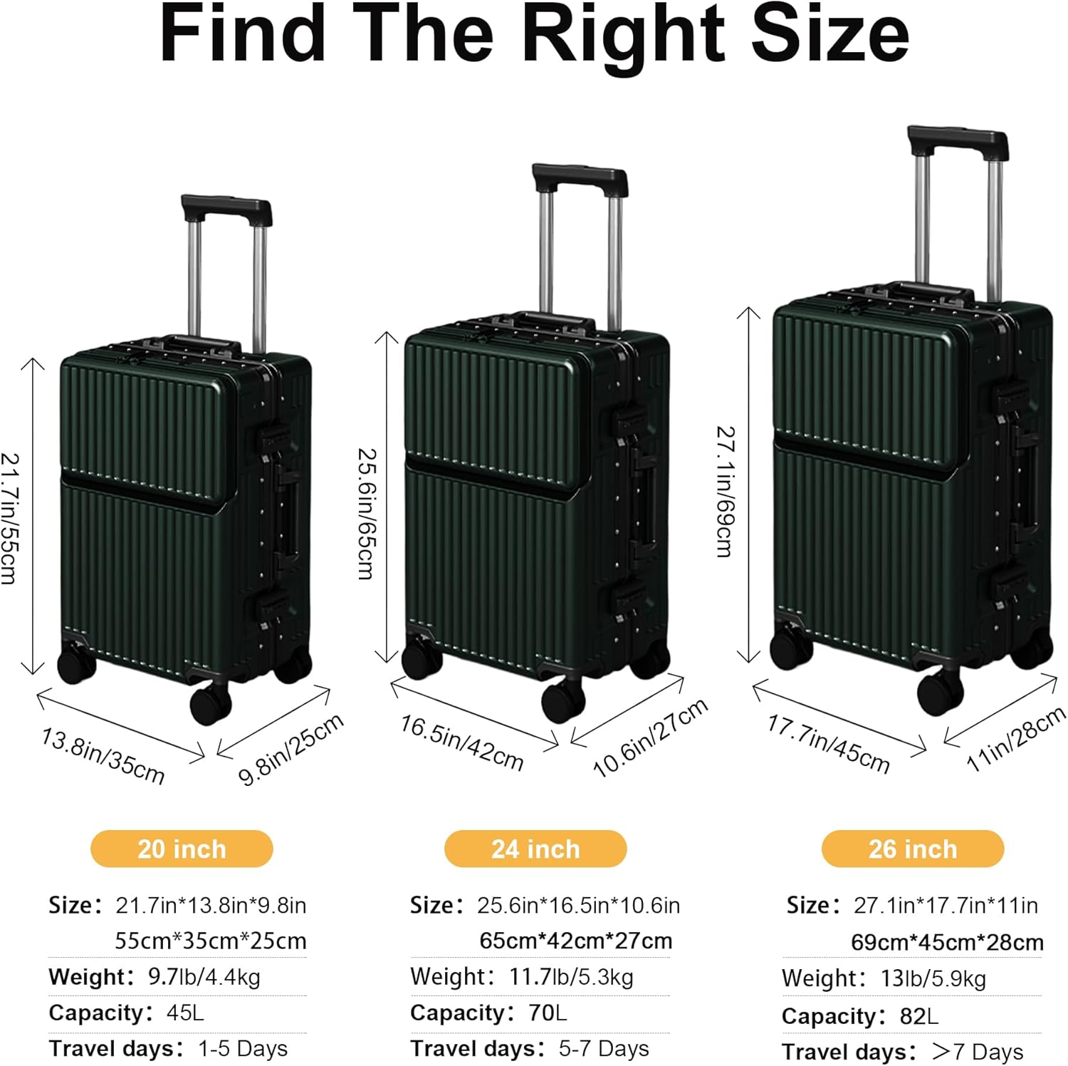 Detalle 2 de AIWEINY 26'' Suitcase Carry-on Luggage – Green, TSA Lock, 360° Wheels, ABS + Aluminum Frame