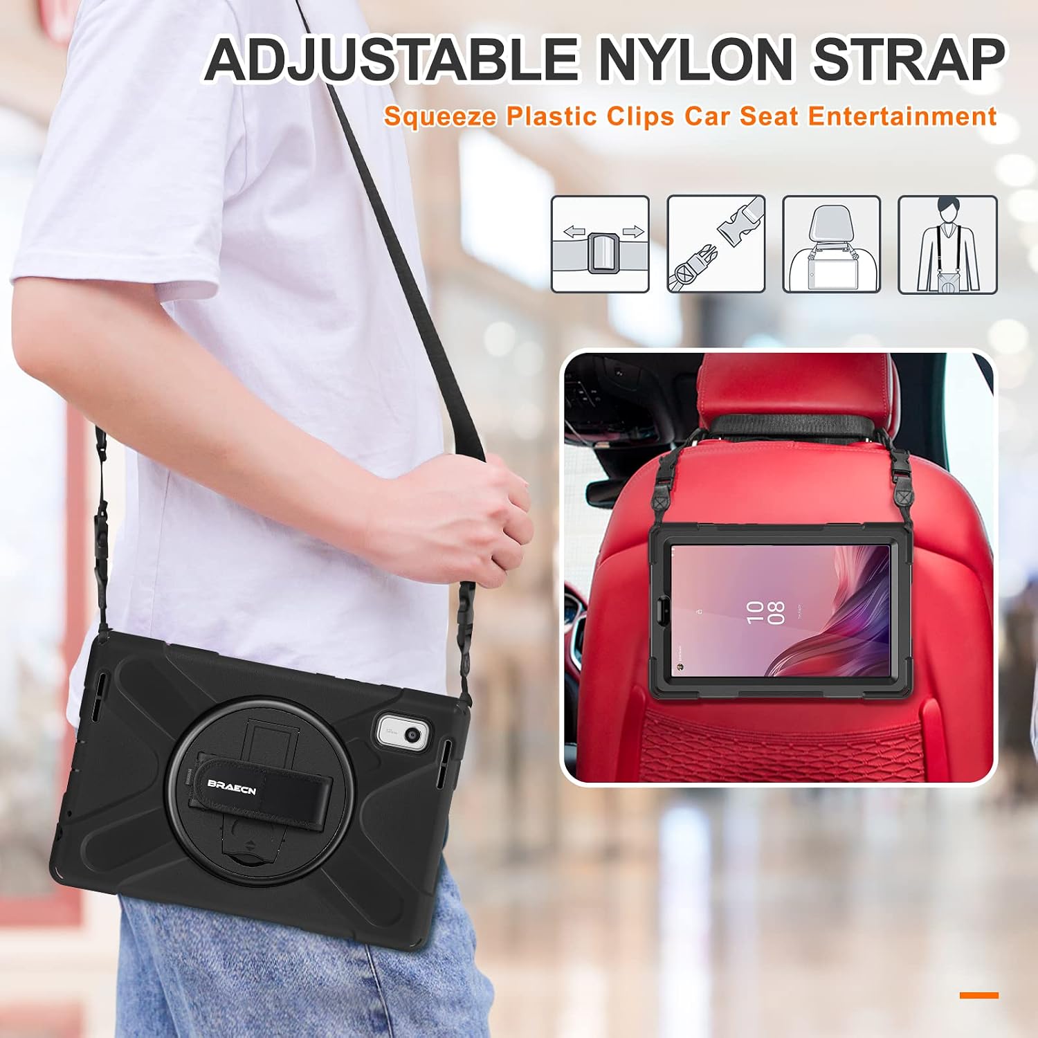 Thumbnail 4 de Coque BRAECN pour Lenovo Tab M9 9 pouces 2023 (TB-310FU) : étui robuste 3 couches avec support 360° et dragonne, noir