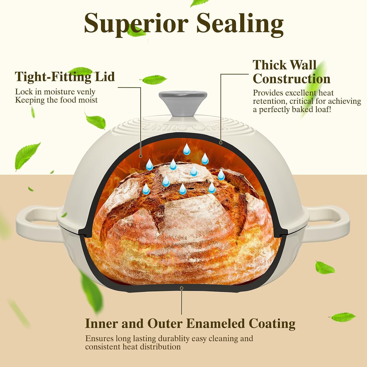 Thumbnail 5 de Enameled Round Cast Iron Bread Oven (6 Qt) – Dutch Oven Bread Pot with Dome Lid & Cotton Potholders, Cream White