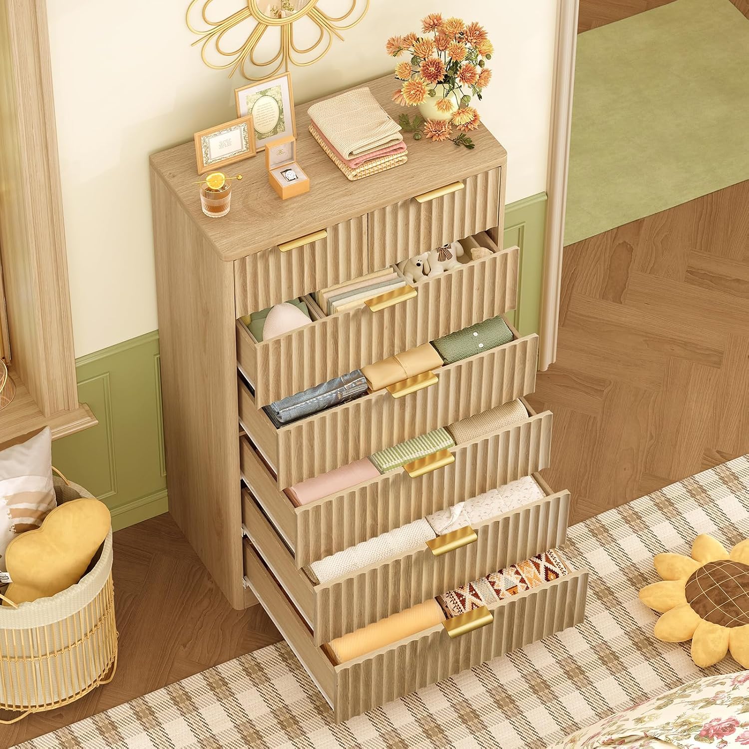Thumbnail 6 de TEENFON dresser 7-Drawer Fluted Chest, 48.4-Inch Tall Natural Storage