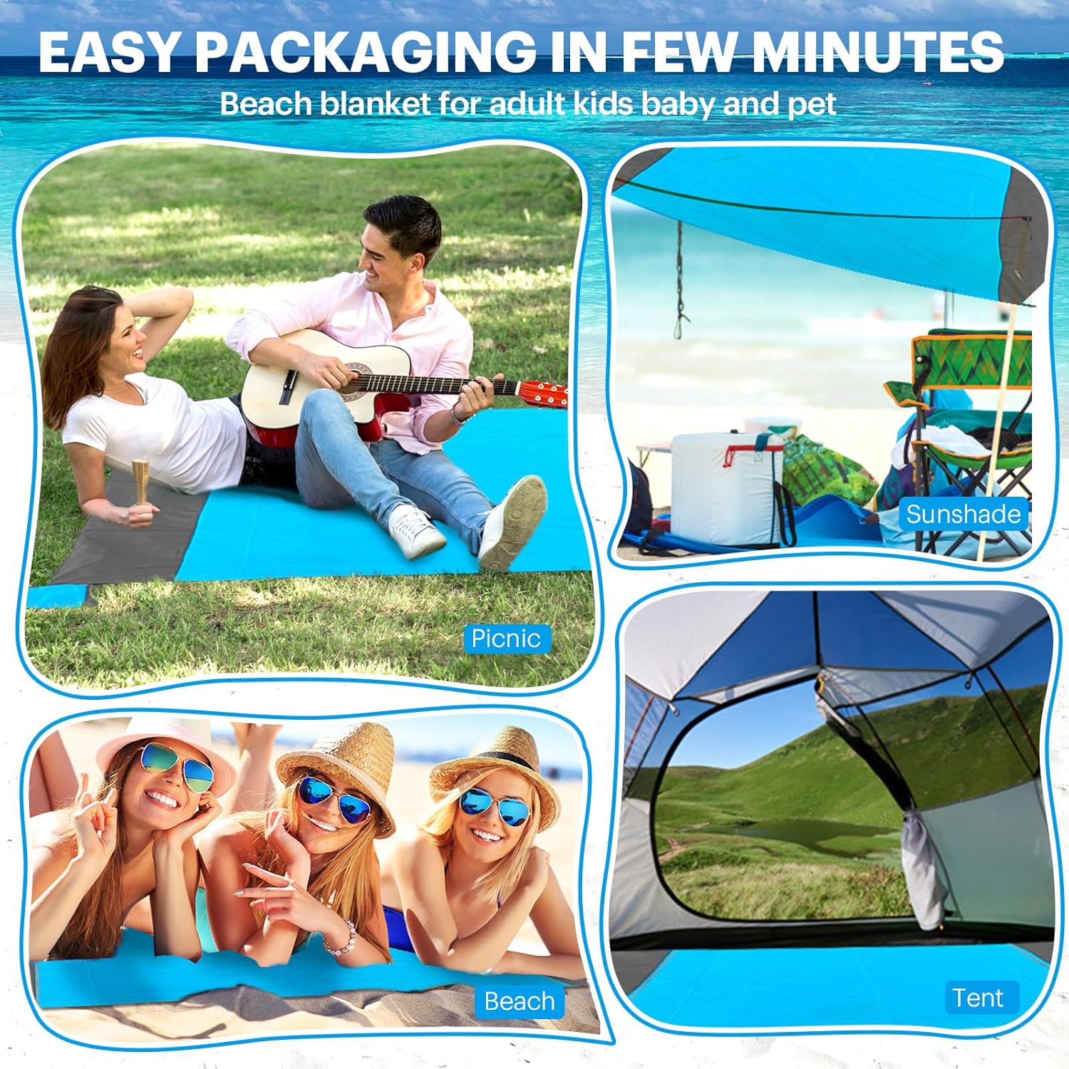 Detalle 2 de EASYFUN Sandproof Oversized Beach Blanket (79×83 in) — Portable Water-Resistant Beach Mat for Families