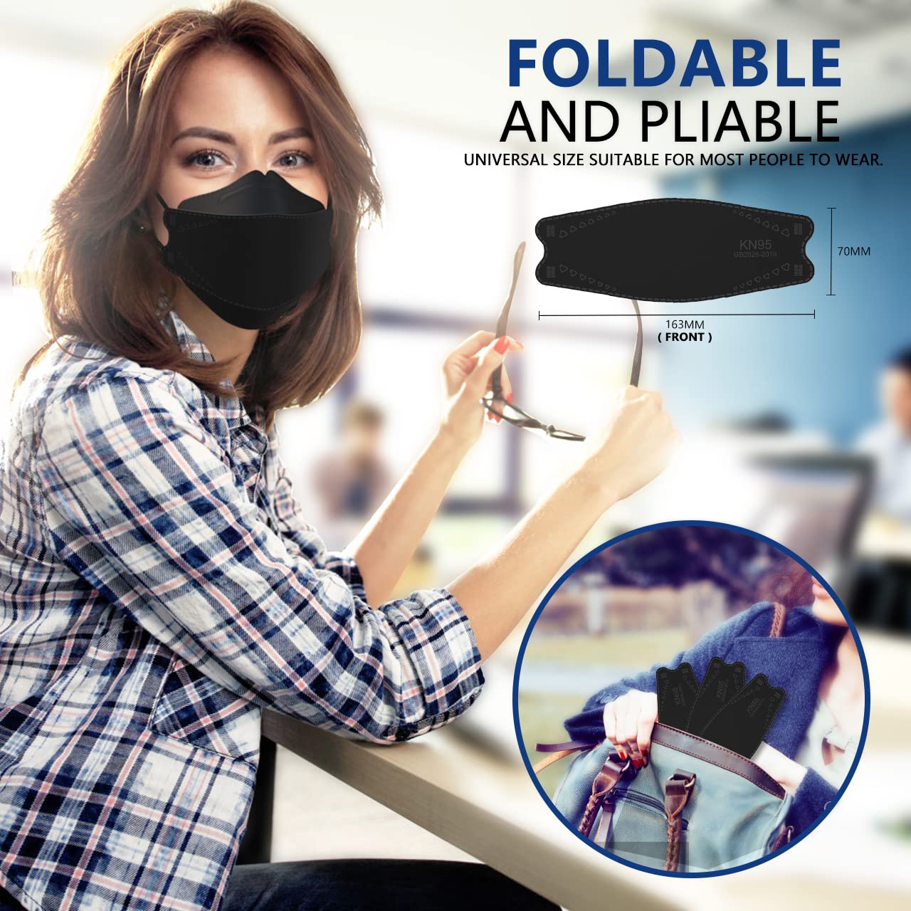 Detalle 2 de LEVENIS KN95 Face Masks, Black Disposable 100-Pack with Lightweight 3D Design