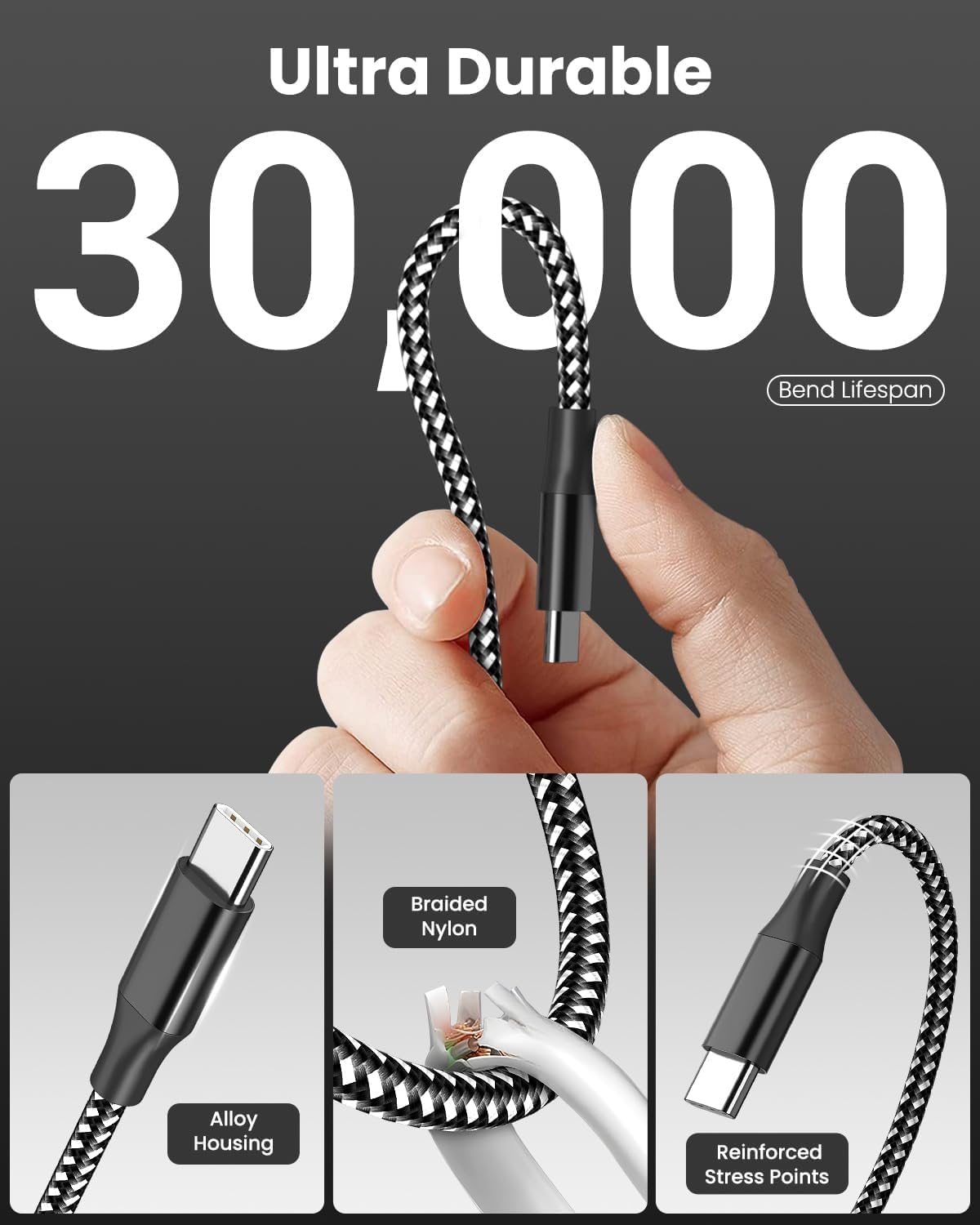 Detalle 2 de USB C to USB C Cable 60W 10FT 3-Pack