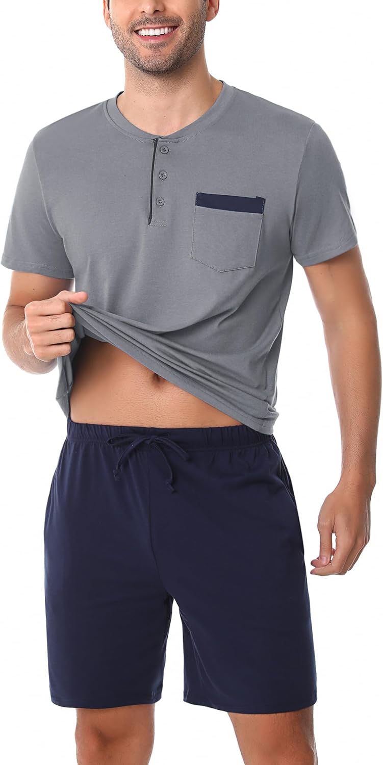 Detalle de Aseniza Herren Schlafanzug Kurz Baumwolle Pyjamaset – Sommer Shorty, O-Ausschnitt, Zweiteilig