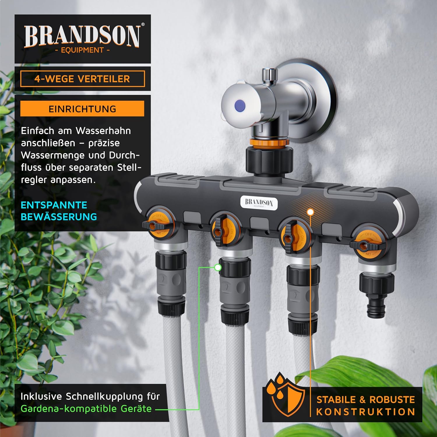 Thumbnail 2 de Brandson 4-Wege-Verteiler Gartenventil – 1 Eingang, 4 Ausgänge, stufenlos regelbar, robustes Metallgewinde