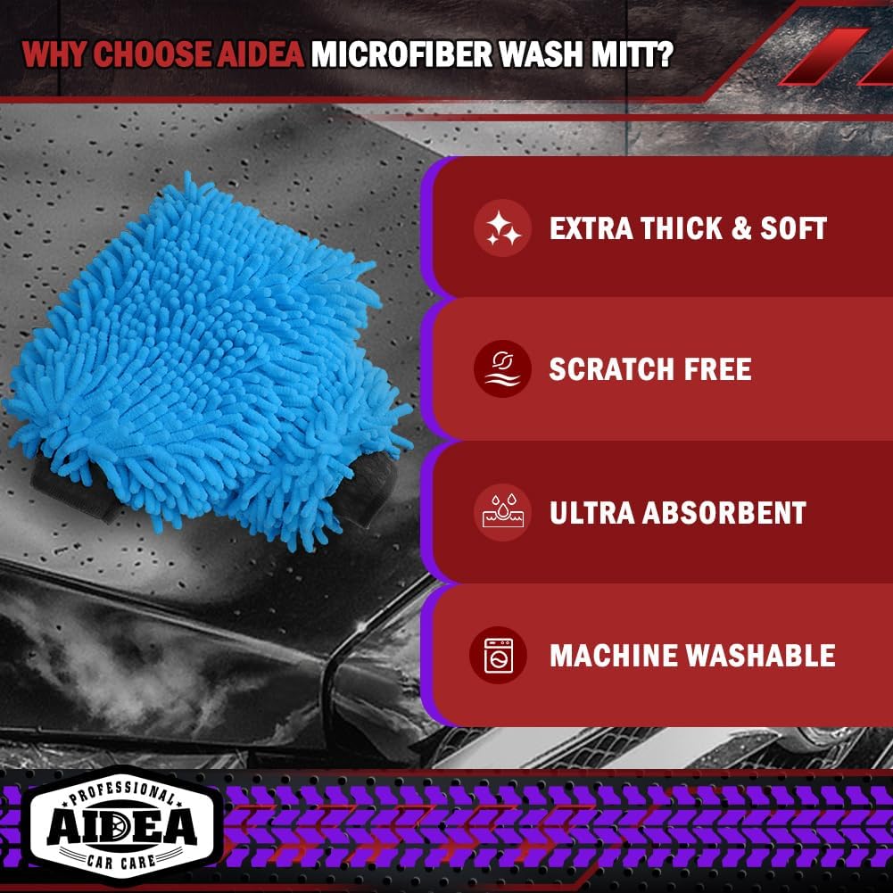 Detalle de AIDEA Car Wash Mitt Microfiber 2PK — Extra Large, Scratch-Free Double-Sided Chenille Mitt (Blue) for Cars, Boats & More