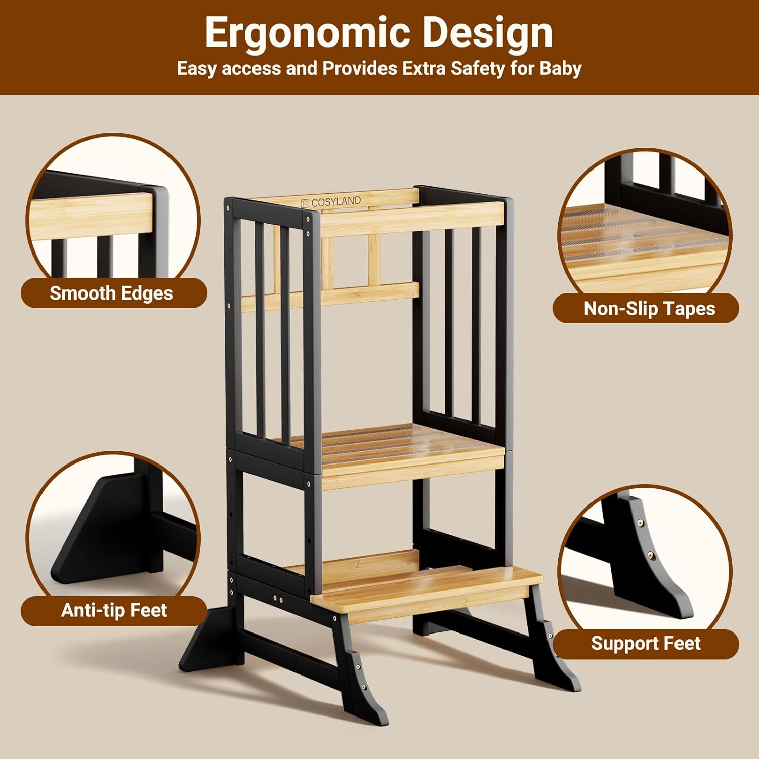 Detalle de COSYLAND Height-Adjustable Toddler Standing Tower – Stable Bamboo Kitchen Stool (Black & Natural)