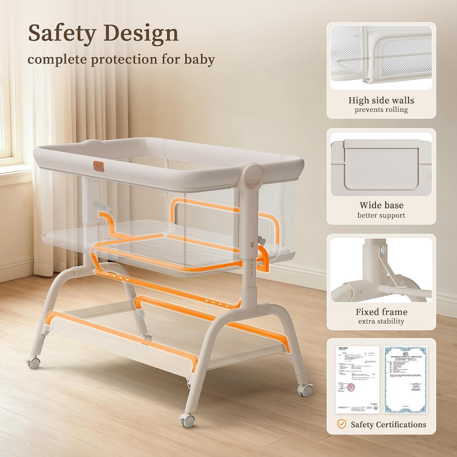 Detalle 2 de BabyBond Bedside Crib with 6 Heights, Full Mesh, Mattress and Sheet