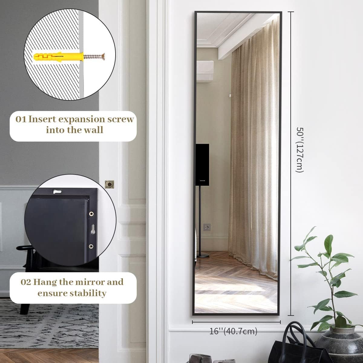 Thumbnail 6 de BEAUTYPEAK Full-Length Mirror, 16" x 50", Black Aluminium Frame