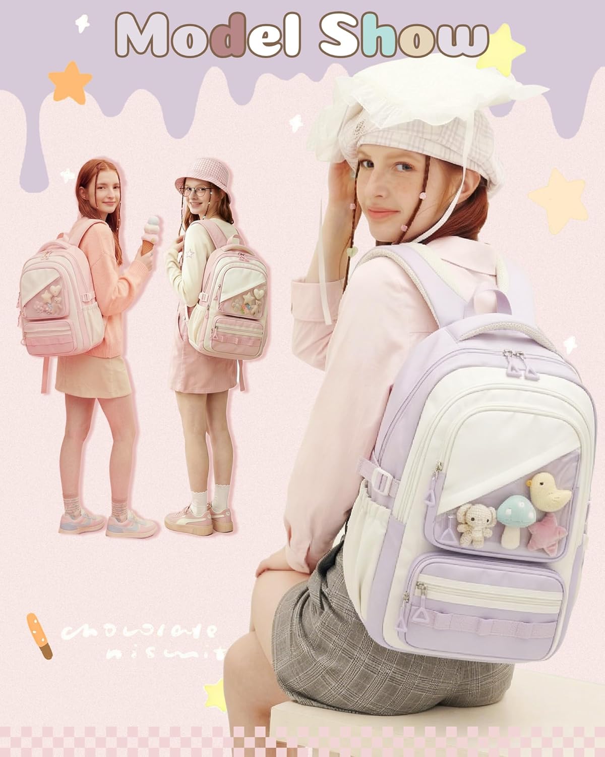 Thumbnail 4 de Schulrucksack Mädchen Lila Teenager – Ästhetischer Rucksack Violett Pastell mit Transparentem Fach