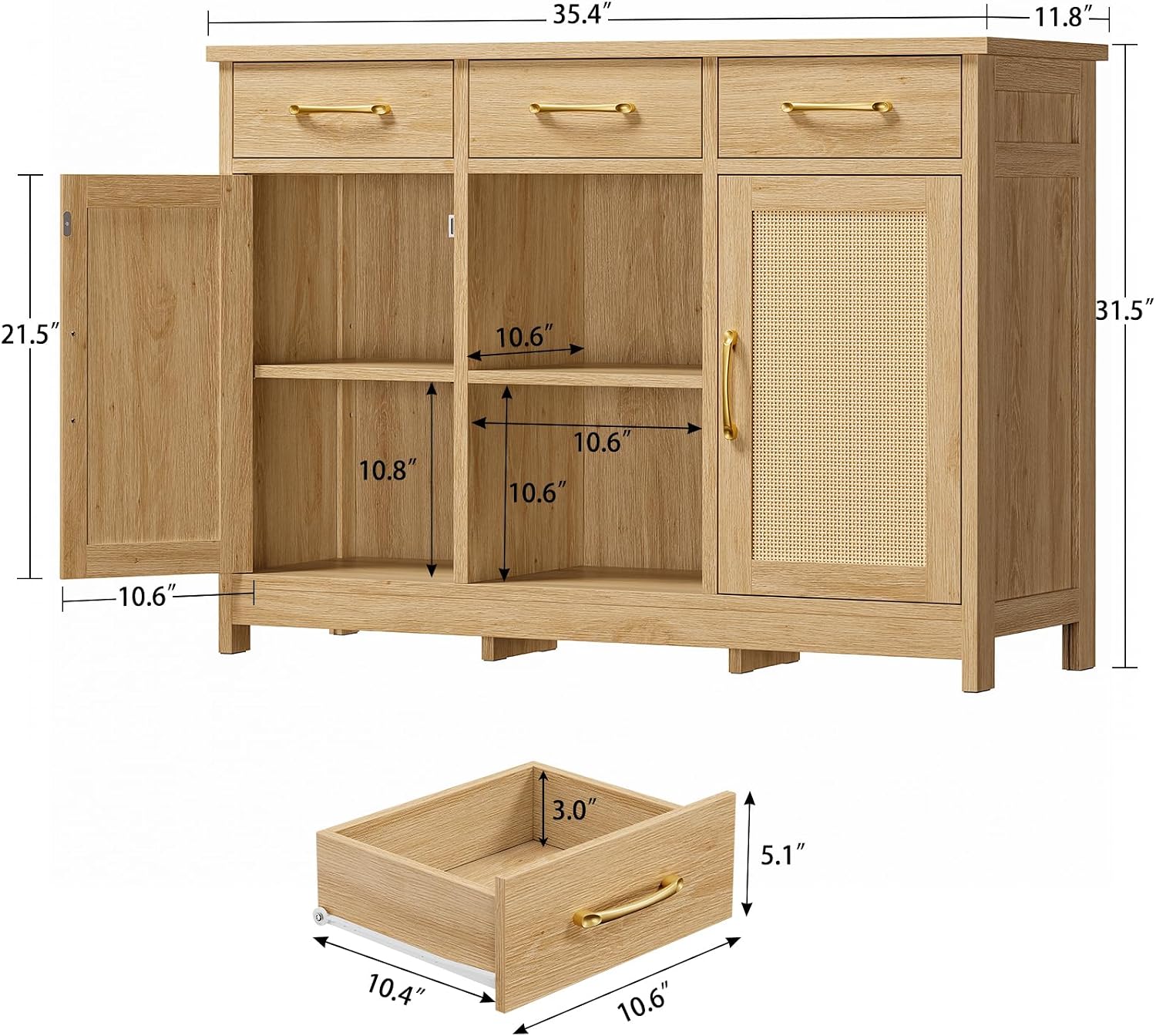 Detalle de TEENFON buffet cabinet Coffee Bar Sideboard with 3 Drawers and 2 Adjustable Shelves