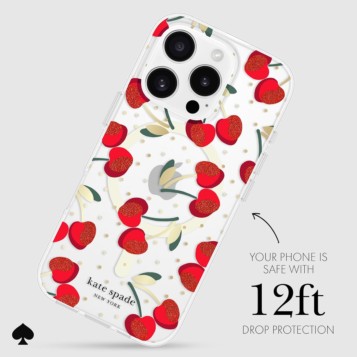 Detalle de ケイト・スペード ニューヨーク KS054430 iPhone 16 Proケース、MagSafe対応・チェリードットジェムズ