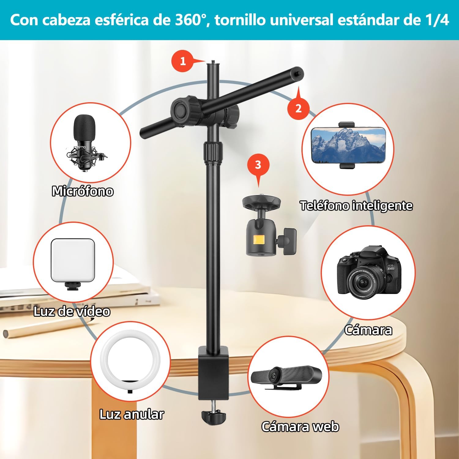 Detalle de JEBUTU OS02 Kamera-Tischstativ Overhead mit flexiblem Arm, C-Klemme und 1/4" Kugelkopf (31–57 cm)