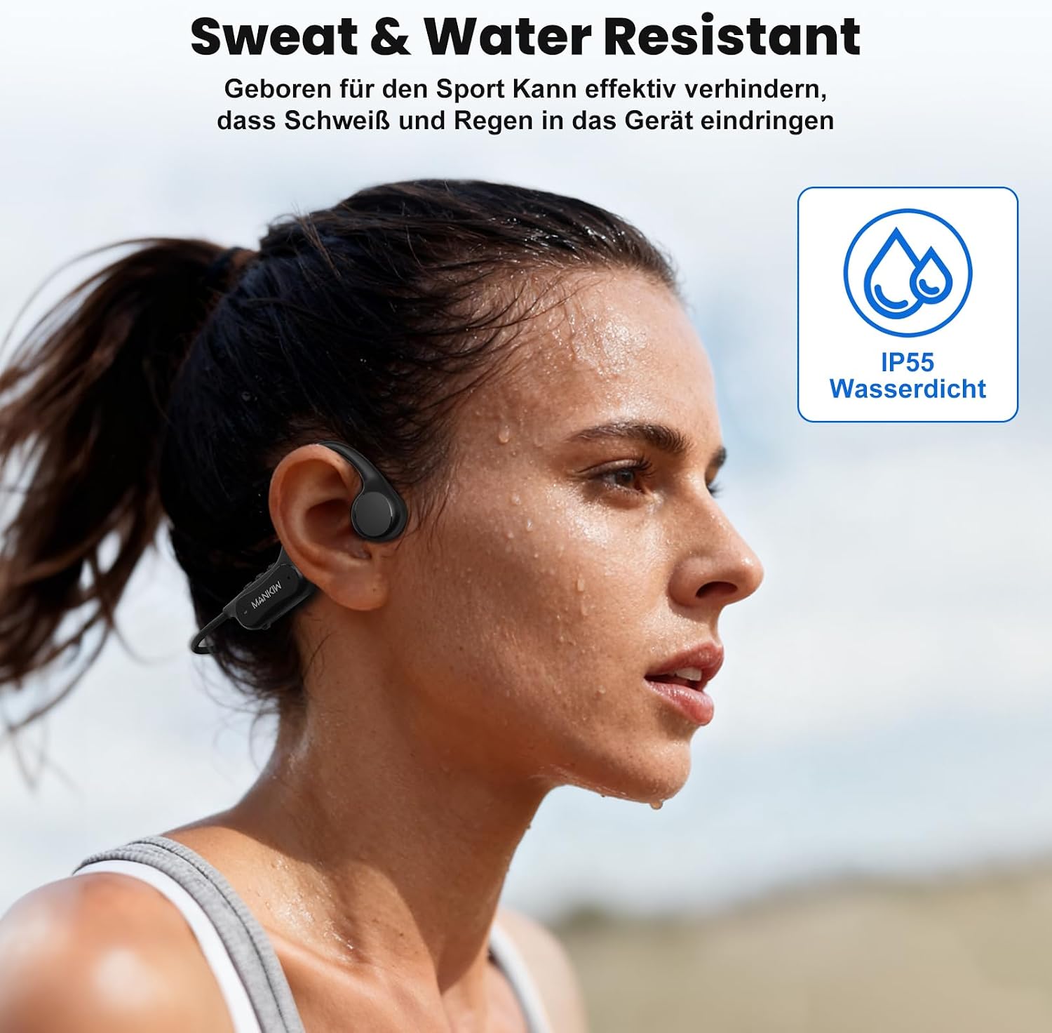 Detalle de MANKIW Knochenschall Bluetooth 6.0 Open-Ear Sportkopfhörer mit USB-C Schnellladung (IPX5)